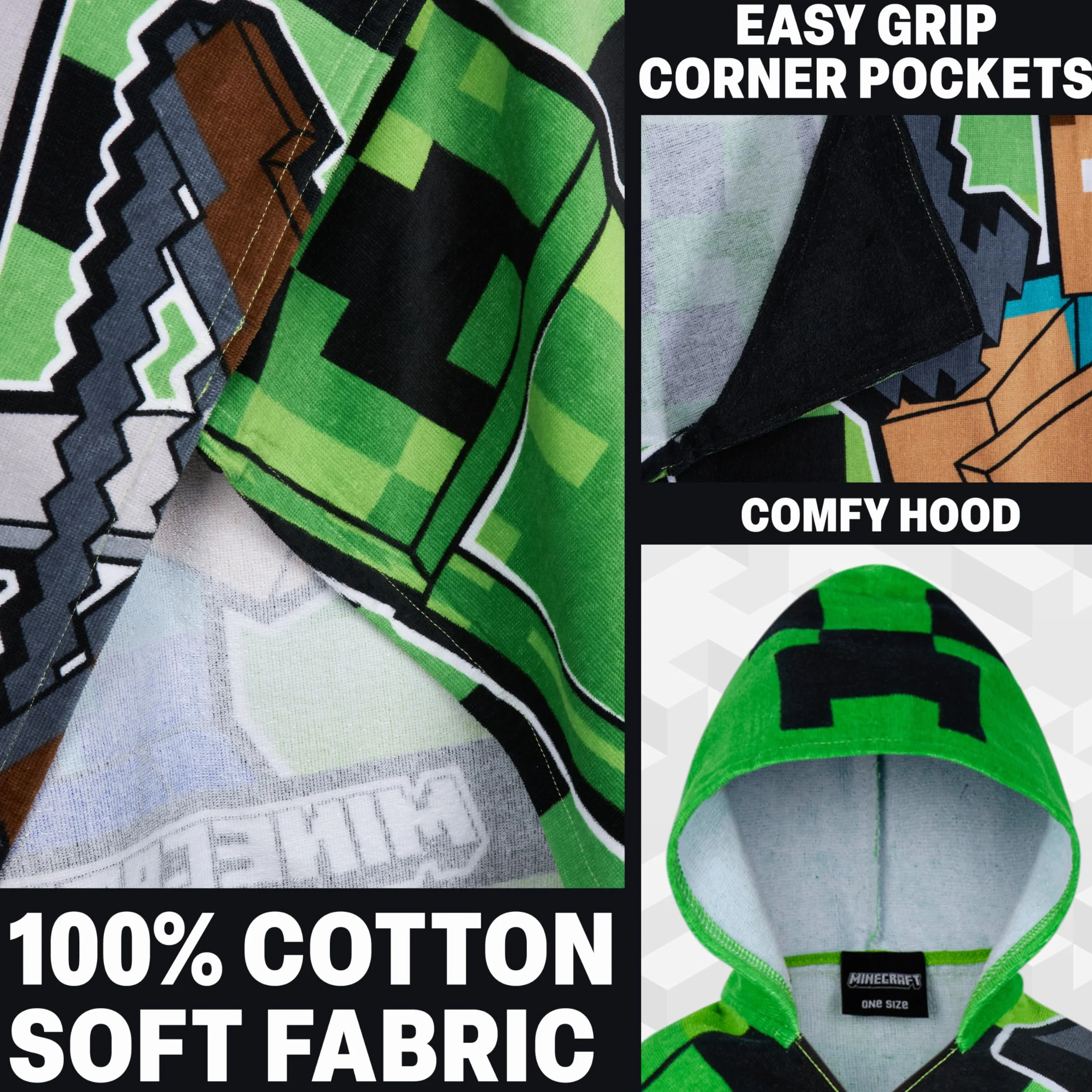 Minecraft Asciugamani Bagno con Cappuccio Asciugamano Doccia Ragazzi Creeper Accappatoio Poncho Bambino Telo Mare Bambini Idee Regalo (Verde/Nero, 6-14 Anni)