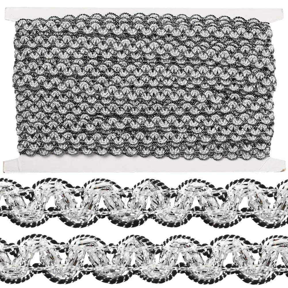 20M 12mm Nero Argento Nastro di Rifinitura Intrecciato Tessuto Decorativo Metallico Tappezzeria Passamanerie Intrecciato In Poliestere Pizzo per Gioielli Creazione Cucito Tende Borse Artigia