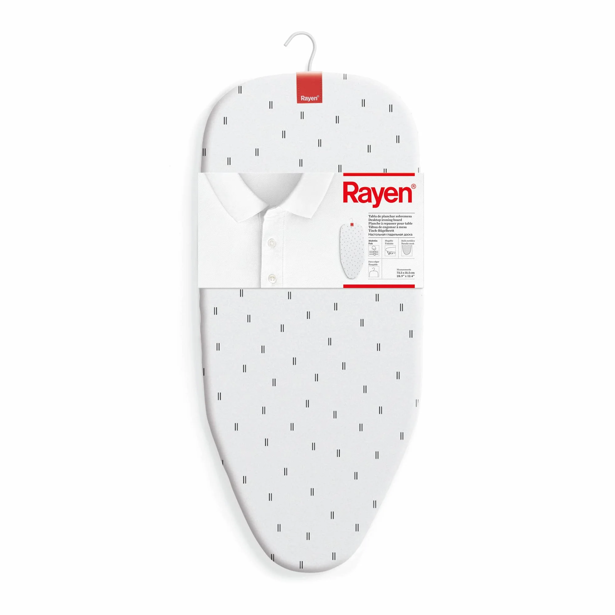 Rayen | Tavola da stiro da tavolo | Minimo spazio piegato | con rete metallica | Adatta per appendere | Dimensioni: 73,5 x 31,5 cm | Stampa