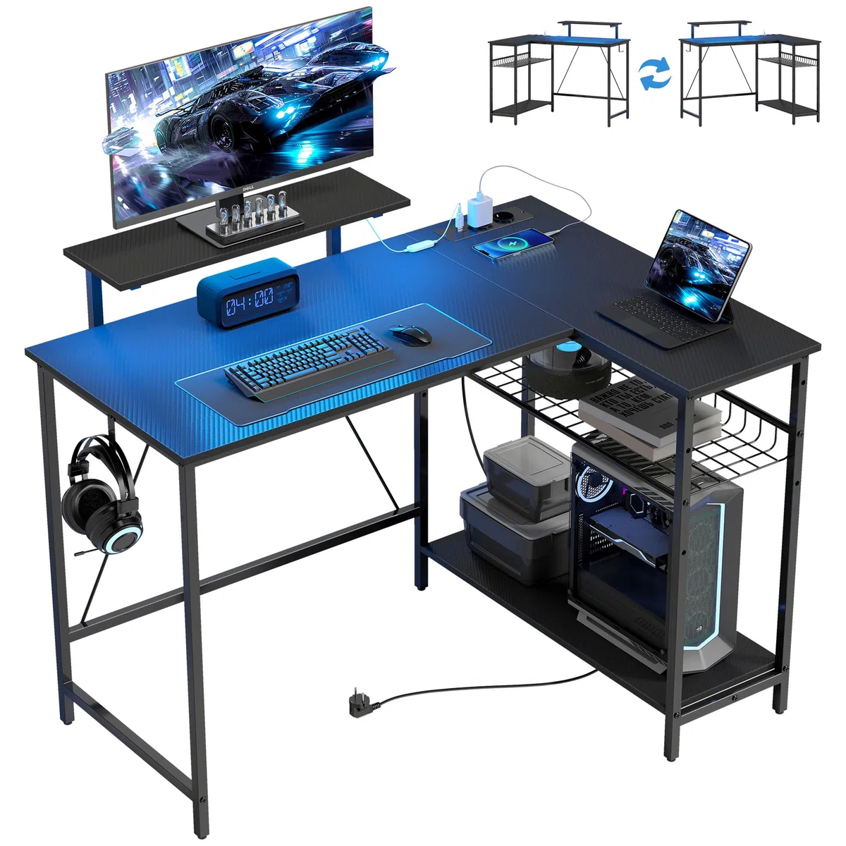 HOMCOM Scrivania Gaming Reversibile ad L con LED, Prese Elettriche, 114.5x82cm Scrivania Angolare con Supporto per Monitor e Ripiani Regolabili a Rete, Postazione Gaming per Casa Ufficio Studio, Nero