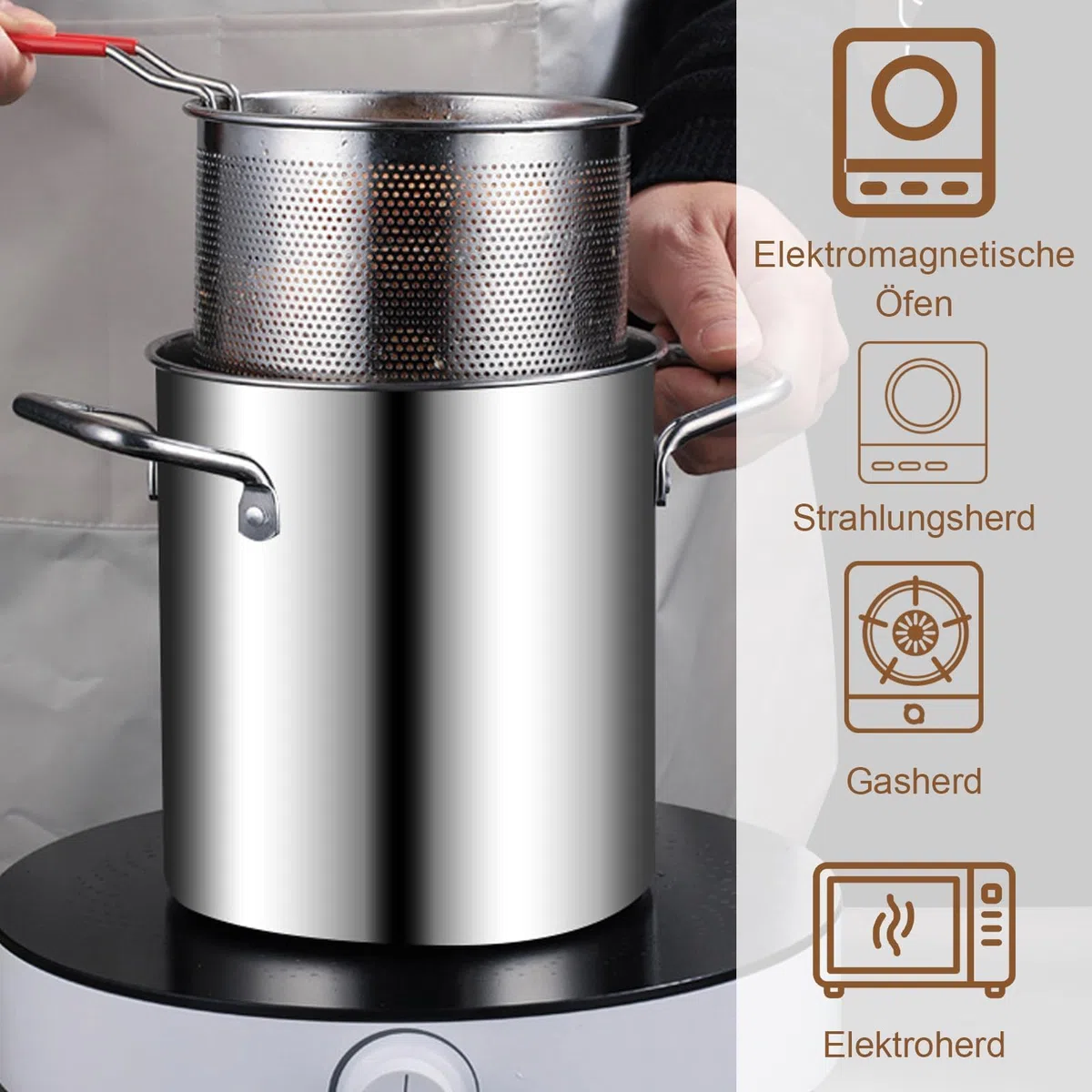 Pentola per asparagi in acciaio inox, 3 l, alta pentola, setaccio con manico, asparagus pot, pasta pot, friggitrice con pinze e vetro Lid, per una varietà di piani cottura e lavastoviglie