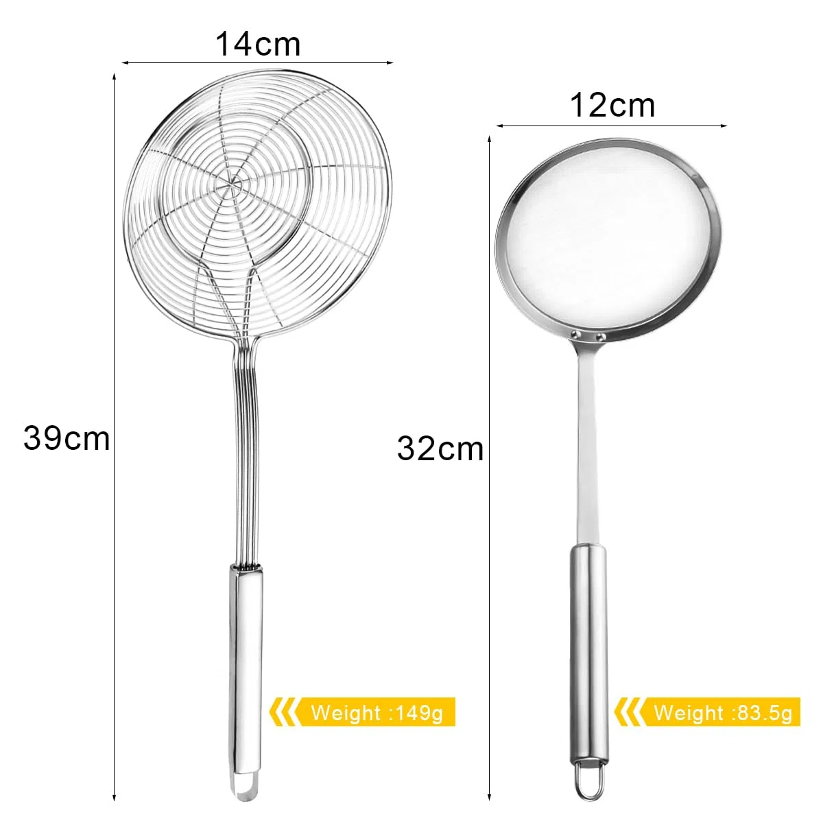 Mestolo per ragnatela in acciaio inox, colino per friggere, colino in acciaio inox, colino in schiuma, setaccio, stufatura e creazione. Diametro (14 cm e spatola per schiuma)
