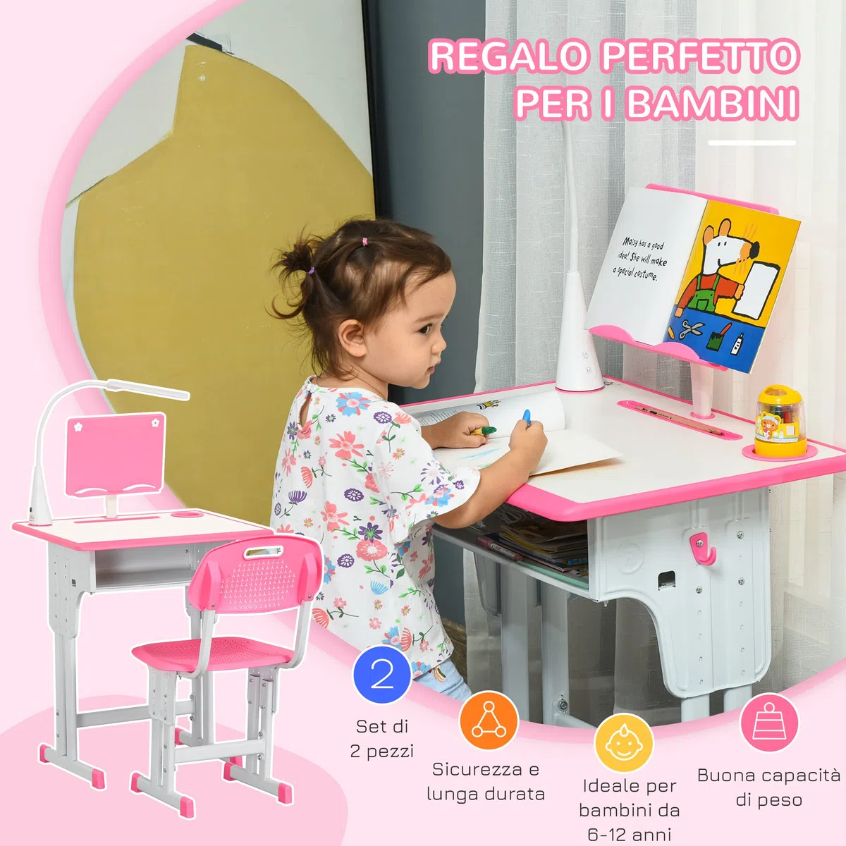 HOMCOM Banchetto per Bambini 6-12 Anni ad Altezza Regolabile con Lampada LED, Leggio e Mensola, Set Banco con Sedia per Bambini in PP, Acciaio e MDF, Rosa