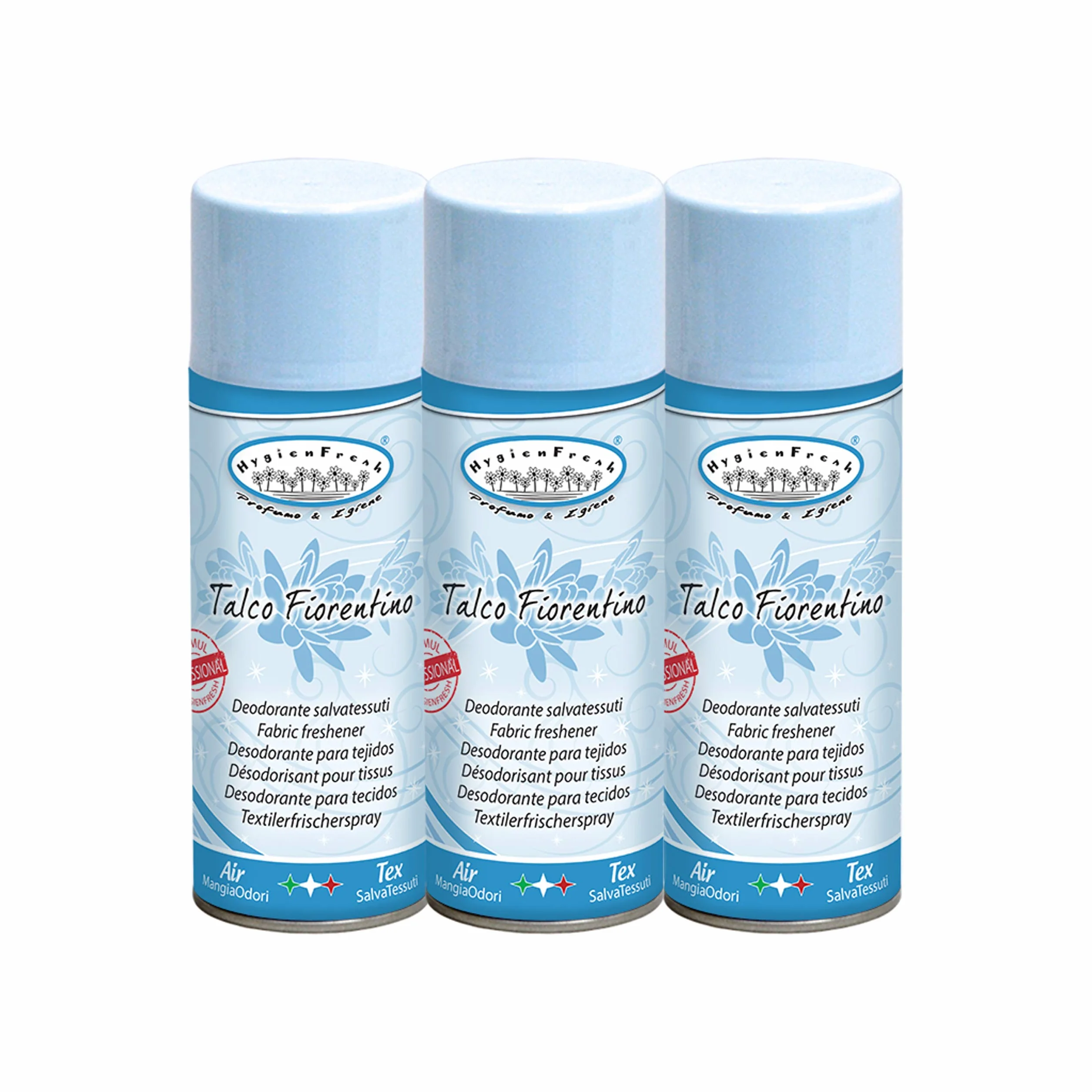 HygienFresh Talco Fiorentino - Spray Deodorante Professionale Tessuti Ambiente Auto Cassetti Scarpe Armadio Profumo Hotel Palestra Accessori Lavanderia - 3 Pezzi 400 ml