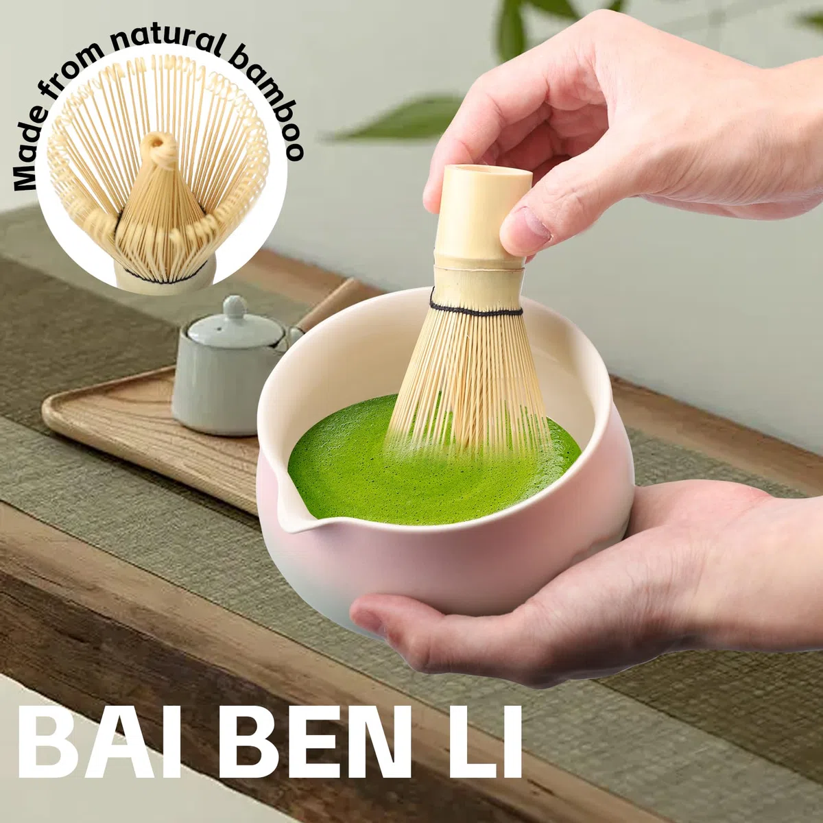 Windfromort Set da Tè Matcha, Matcha Set, Kit Giapponese da 6 Pezzi con Ciotola con Beccuccio, Frusta in Bambù, Cucchiaio, Filtro, Supporto e Vassoio – Perfetto per Cerimonia del Tè e Idee Regalo