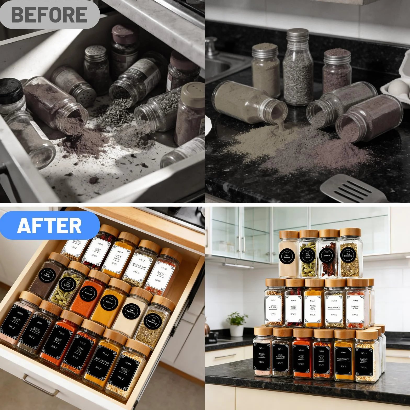 24 Pezzi Barattoli Spezie in Vetro 120 ml con il Coperchi Bambù, 648 Etichette, Penna e imbuto, Barattoli Porta Spice, Erbe e Contenitori Ermetici per Spezie, Per il Campeggio