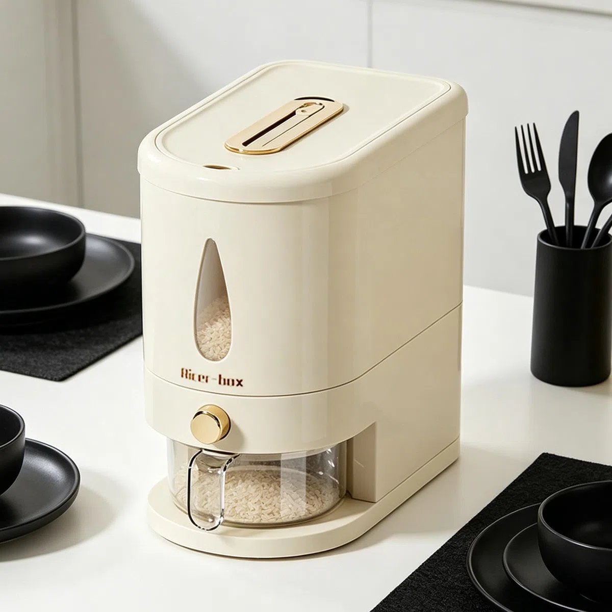 lyanny Contenitore Riso - Dispenser Ermetico Capacità 5 Kg - Con Misurino Incluso Contenitore Per La Conservazione Dei Cereali - Per Casa, Cucina E Piano Di Lavoro Cereali, Avena, Soia, Mais E Cibo