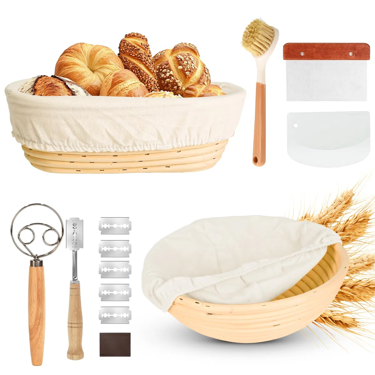 Cestino per Lievitazione del Pane Set,23 cm, Rotondi e 25 cm, Ovali, 100% Rattan Naturale, con Raschietto per Impasto, Inserto in Lino, Frusta per Pasta e Pane Zoppo, Accessorio