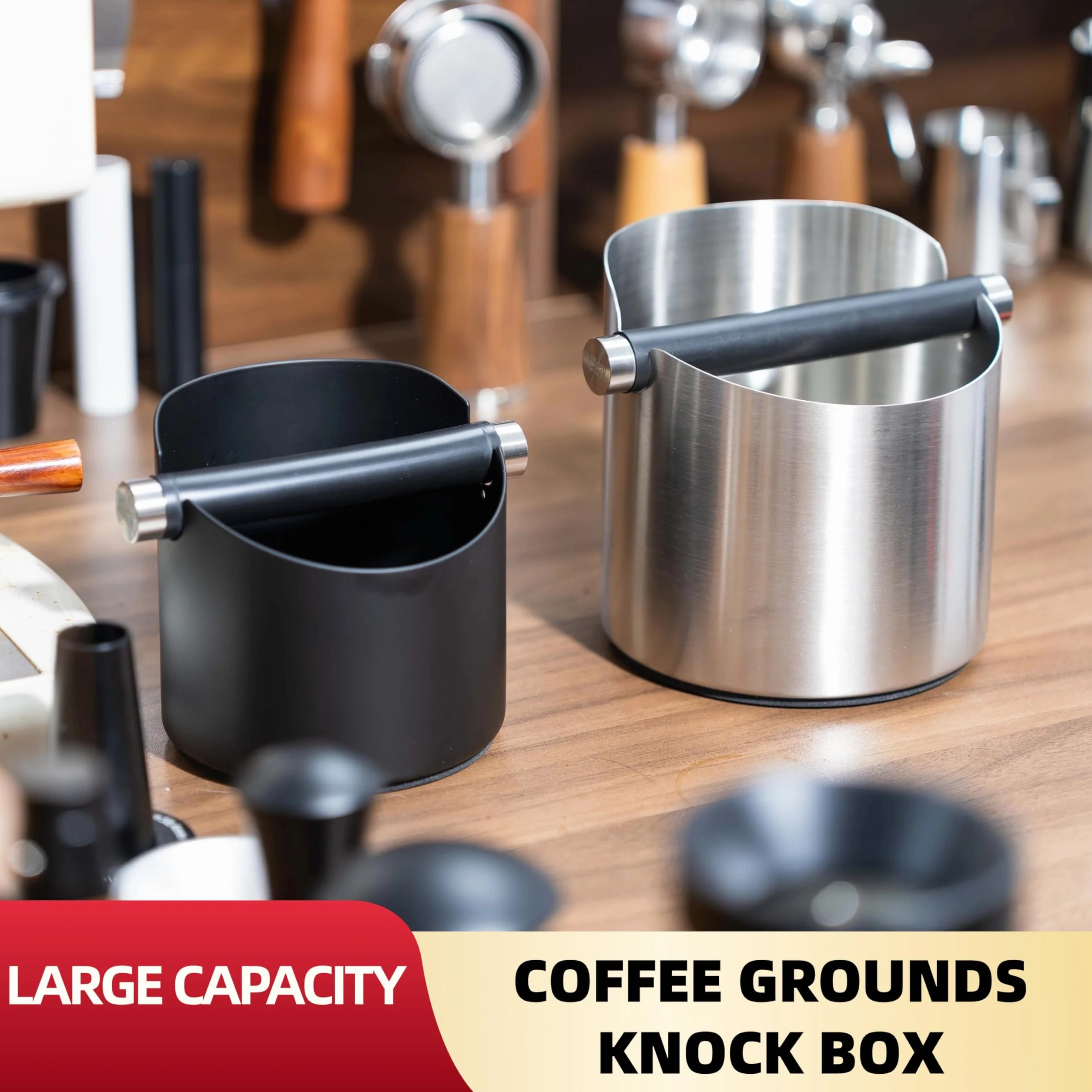 NEOUZA Knock Box - Pattumiera per macchina da caffè espresso, accessorio da barista, assorbe gli urti, con barra in metallo rimovibile (nero, M)