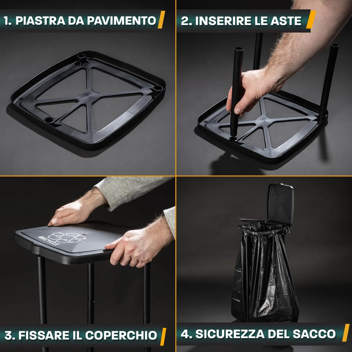 Hinrichs Supporto per sacco della spazzatura 120L - Supporto per sacco della spazzatura regolabile in altezza con coperchio per sacchi della spazzatura da 120L - Incl. 2 sacchetti per spazzatura 120L