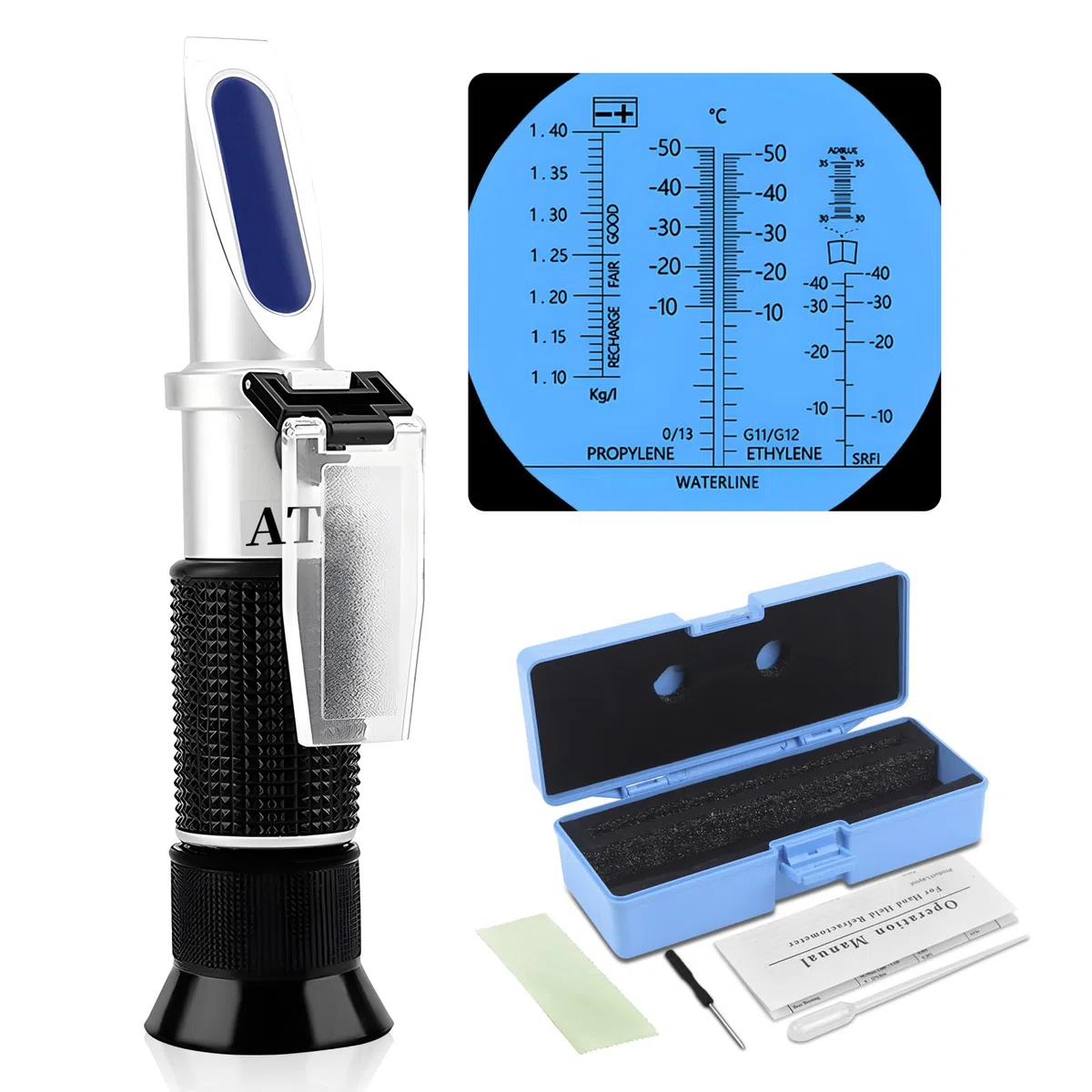 4 in 1 Rifrattometro Antigelo, Rifrattometro Glicole,Refrattometro Antigelo per l'Analisi di Acqua del Parabrezza, Adblue, Acido della Batteria, Glicole Etilenico, Glicole Propilenico