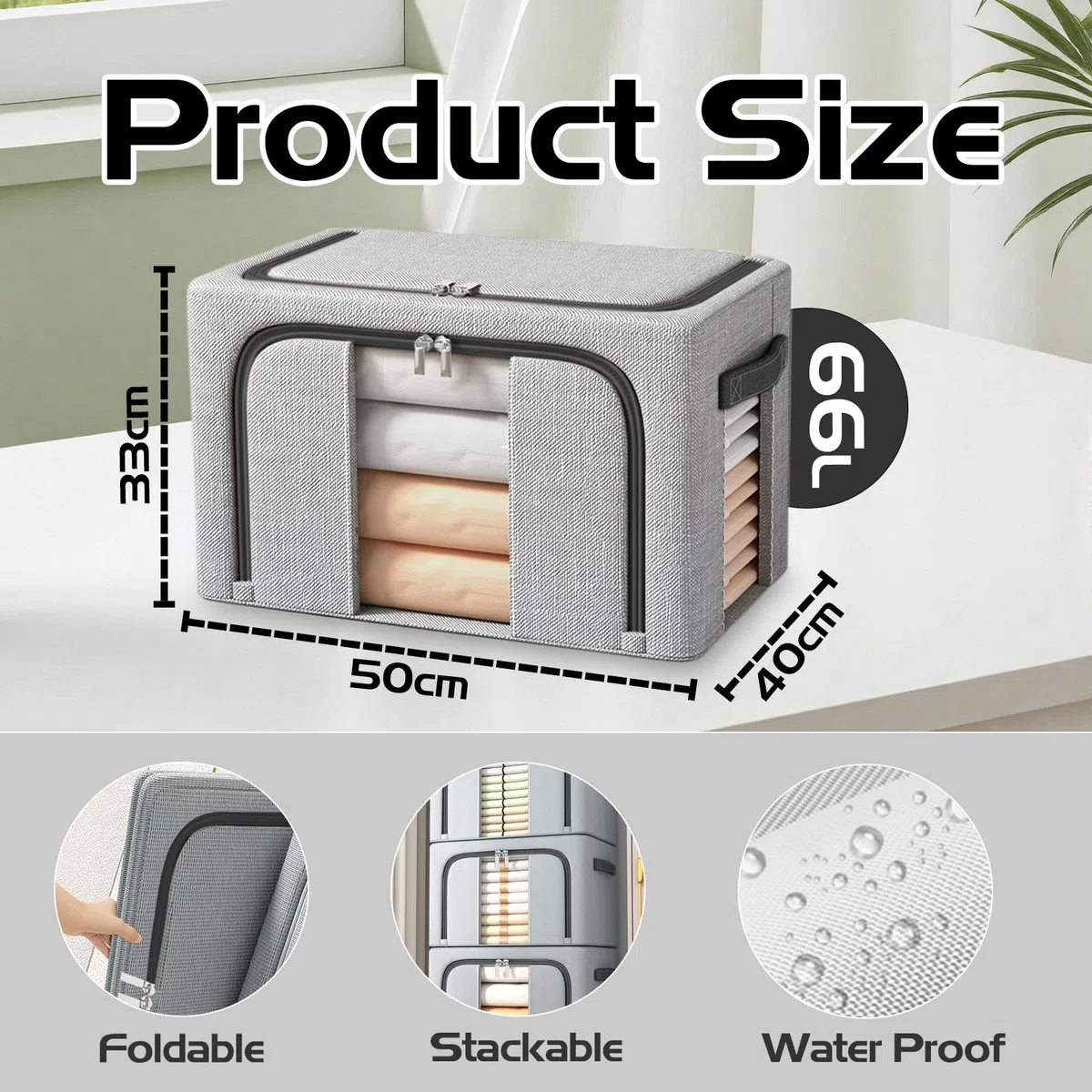 Lot di 2 Scatole per Armadio Rigide 66L, 50x40x33CM Scatole per Vestiti con Telaio in Metallo, Oxford & Doppia Finestra/Zip, Contenitori per Armadio Salvaspazio, Grigio