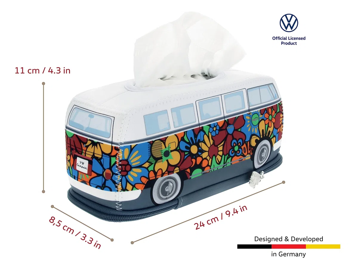 BRISA VW Collection - Volkswagen Porta fazzoletti in Neoprene, dispenser di fazzoletti per comodino, salotto, Campervan T1 Bus design (Flower Power/Multicolore)