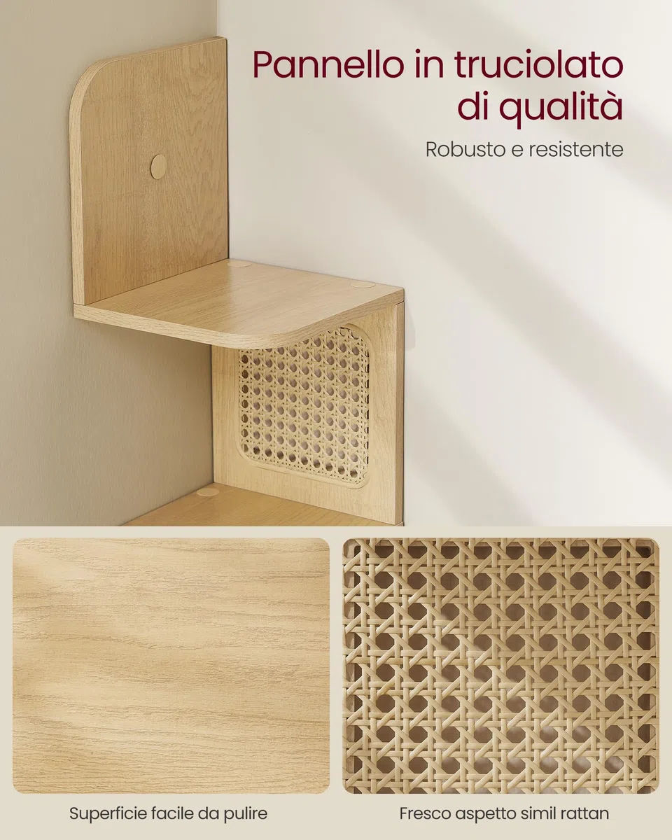 VASAGLE Libreria Angolare, Mensola Angolare da Muro a 5 Ripiani, Portante di 25 kg, Lati in Rattan PVC, Scaffale Compatto, Cucina Camera da Letto Soggiorno, Stile Boho, Beige Rovere LLS582Y57