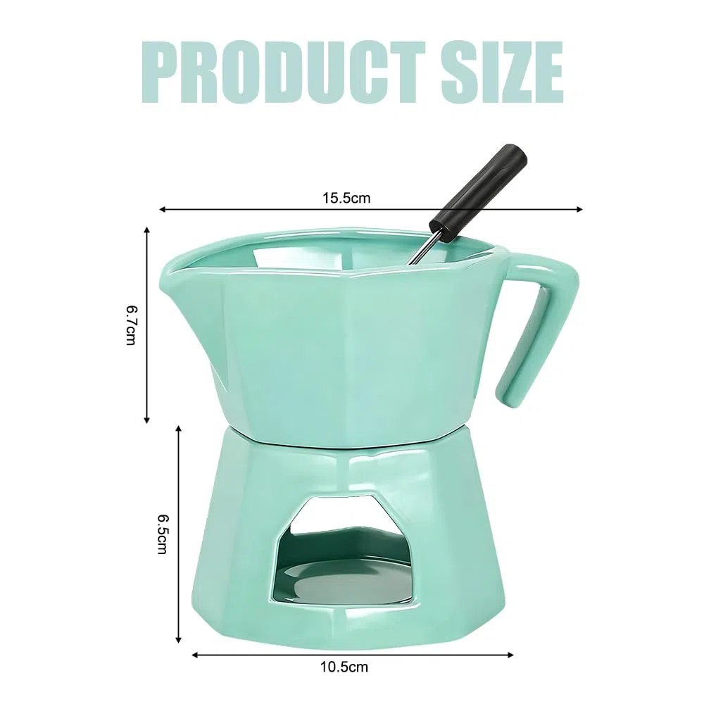 Fonduta Cioccolato, Pentola per Fonduta di Cioccolato al Burro in Ceramica, Set Casa con Candela da tè 300 ml con 1 Forchette per Formaggio, Verde (Verde)