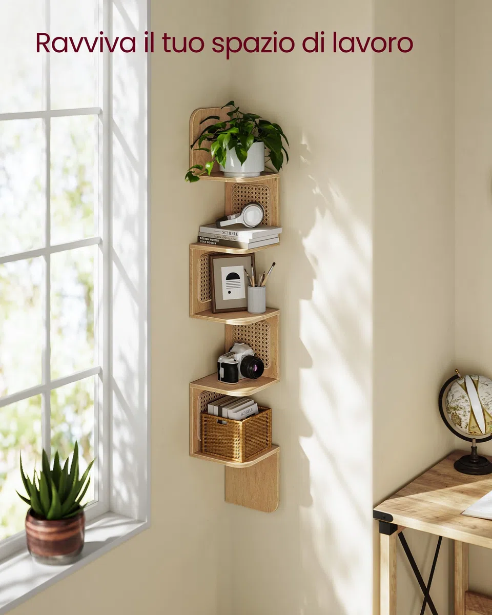 VASAGLE Libreria Angolare, Mensola Angolare da Muro a 5 Ripiani, Portante di 25 kg, Lati in Rattan PVC, Scaffale Compatto, Cucina Camera da Letto Soggiorno, Stile Boho, Beige Rovere LLS582Y57