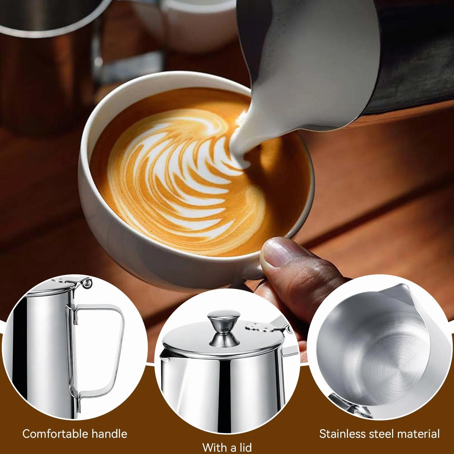 Brocca per latte con coperchio, brocca per montalatte da 600 ml/1000 ml brocca per latte in acciaio inossidabile tazza brocca per schiuma di latte con manico per caffè latte Art (600 ml)