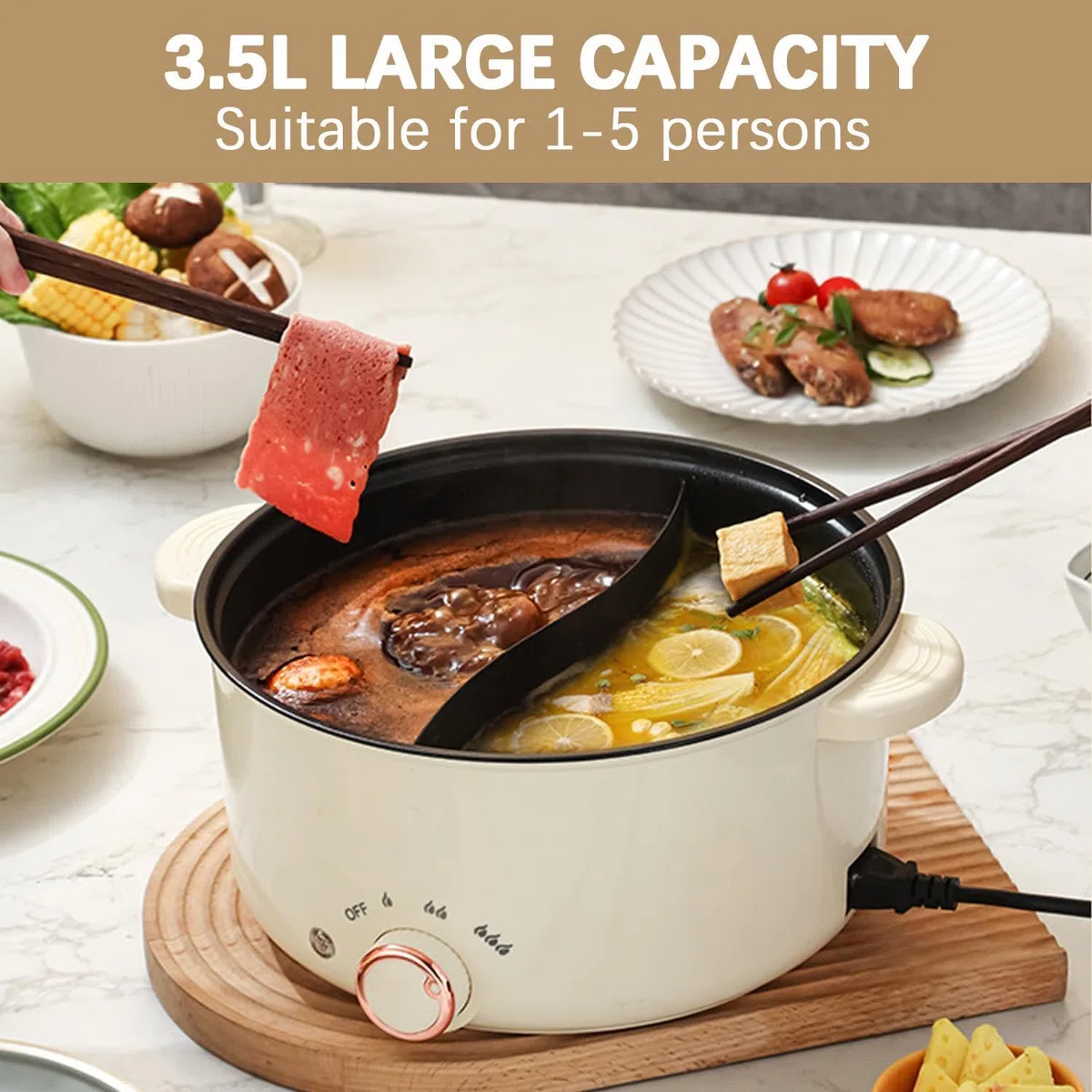 Hot Pot Elettrico da 3,5 L Casseruola Elettrico con Separatore 1000W Tre Regolazioni di Potere Antiaderente Pentola Versatile Zuppa Rapida per Friggere Ramen Fonduta Zuppa
