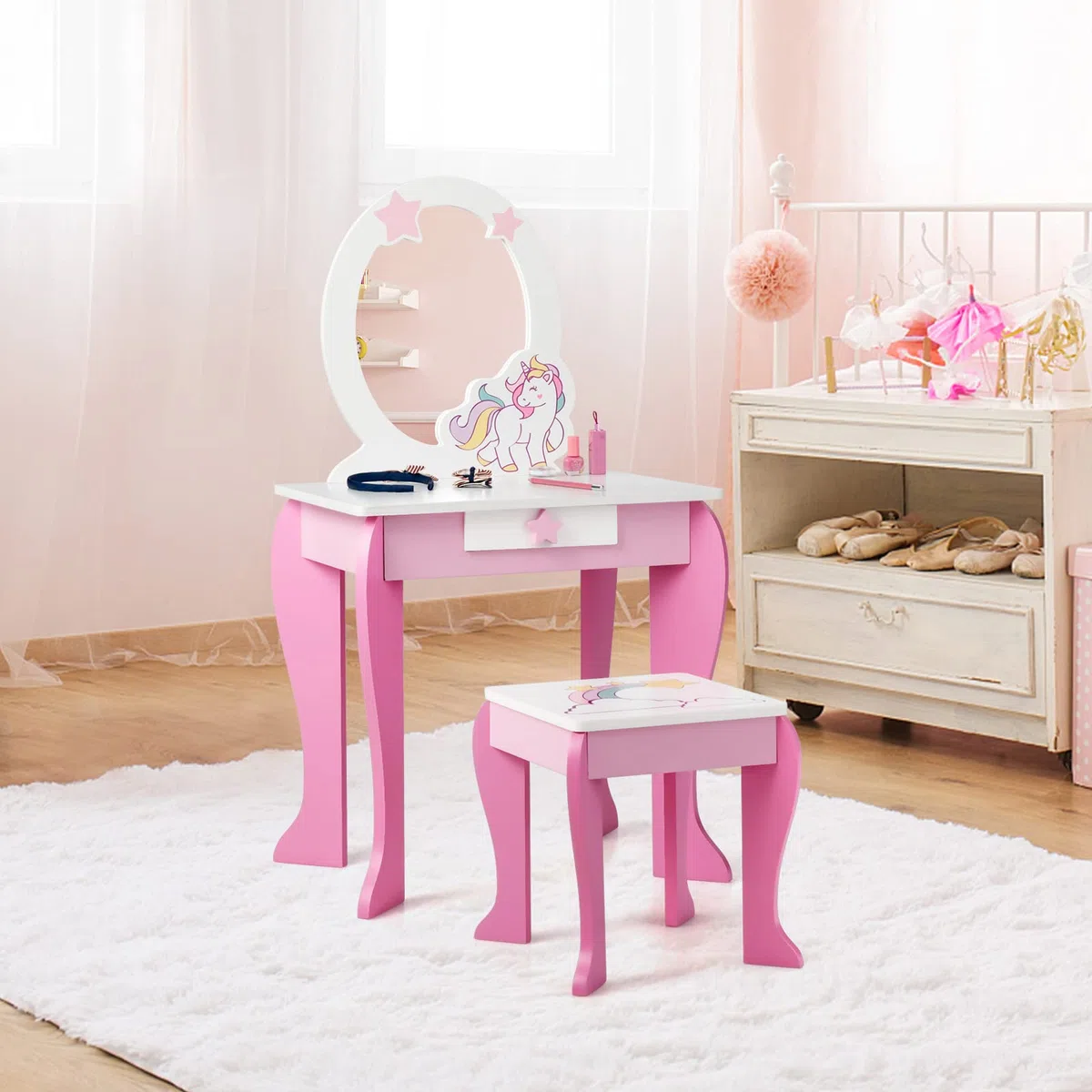 RELAX4LIFE Toeletta da Trucco con Sgabello per Bambini, Scrivania con Specchio Rotondo Rimovibile, Cassetto con Manopola a Stella, Scrivania e Sedia per Cameretta, Modello Unicorno (Rosa)