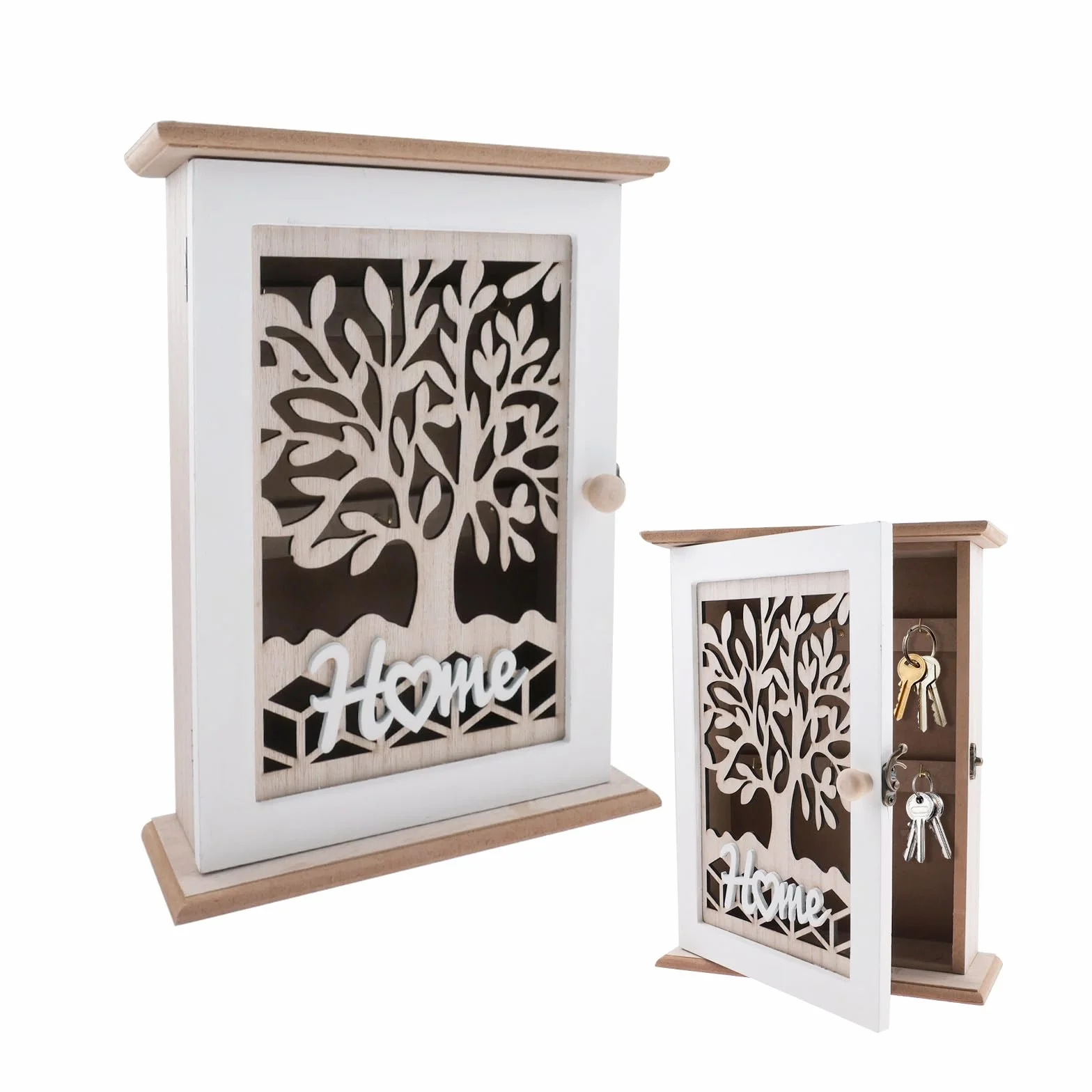Cassetta portachiavi in legno, vintage, con 6 ganci per chiavi, design retrò, per chiavi, gioielli, piccoli oggetti, 22 x 7 x 28,5 cm, bianco