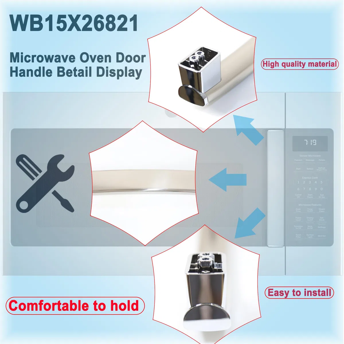 Ricambio per maniglia per porta microonde WB15X26821 GE, parti elettriche generiche per microonde, compatibile con JVM6175SK2SS JVM7195SK3SS JVM6175SK1SS JVM6175EK2ES JVM7195SK1SS, 4464467 AP6024408