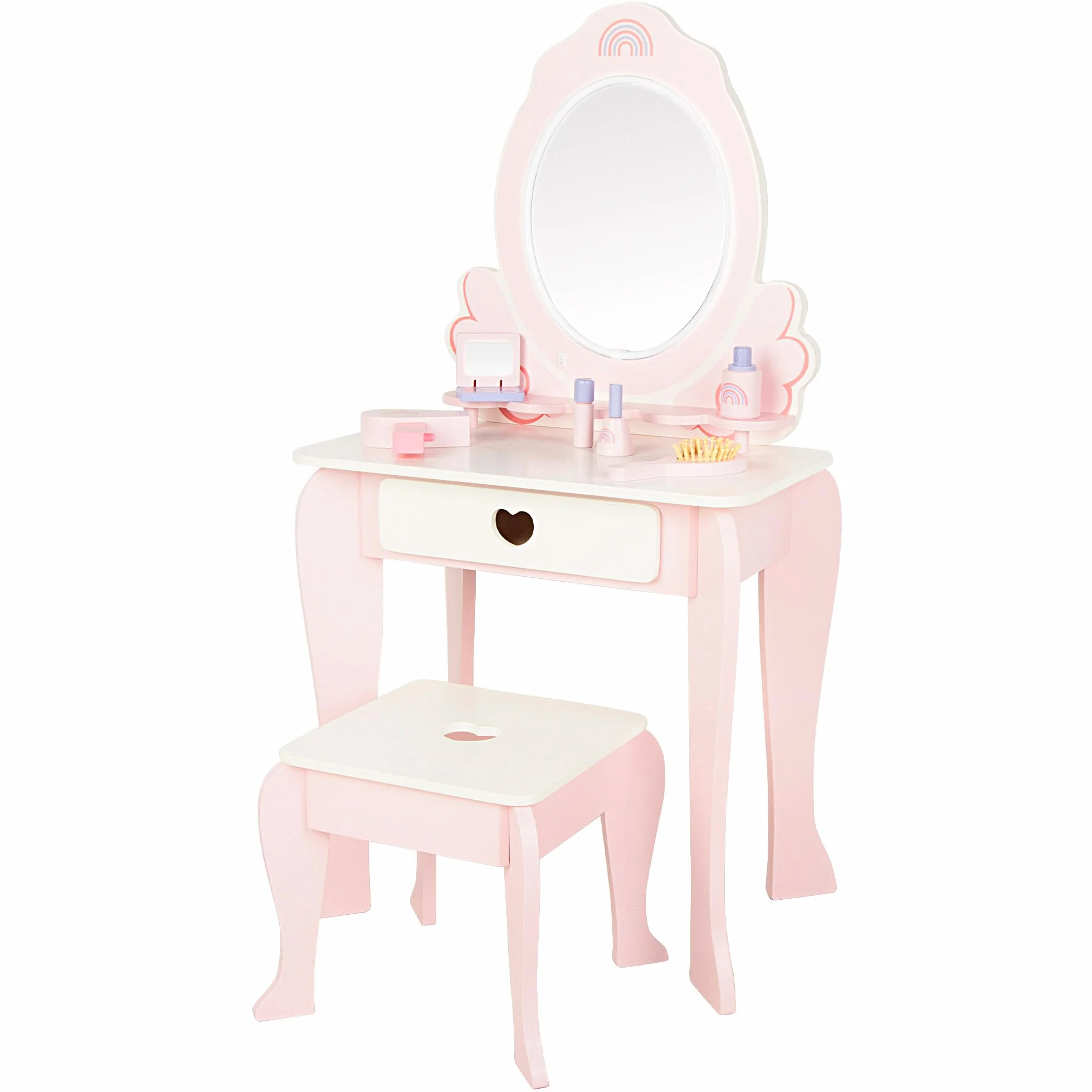 WOOMAX Tavolo da toeletta Bambina Sgabello in Legno Specchio con Luce 48x32x92cm Colori Pastello Inclusi Accessori Toletta Bambini Accessori Interattivi, Giocattoli per Bambini di 3 anni