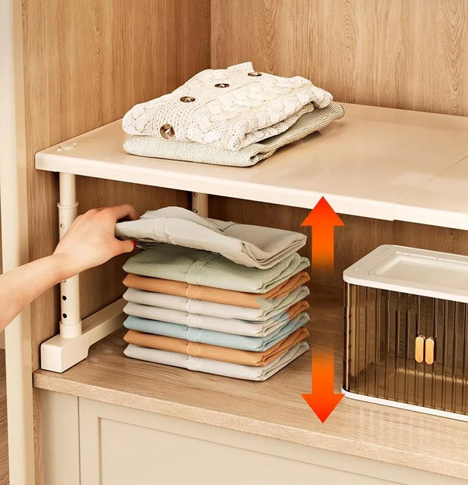 Scaffale espandibile per armadio da cucina, regolabile, resistente, impilabile, per armadietti e banconi della cucina, larghezza 24 cm, lunghezza 40-65 cm, altezza 25-35 cm