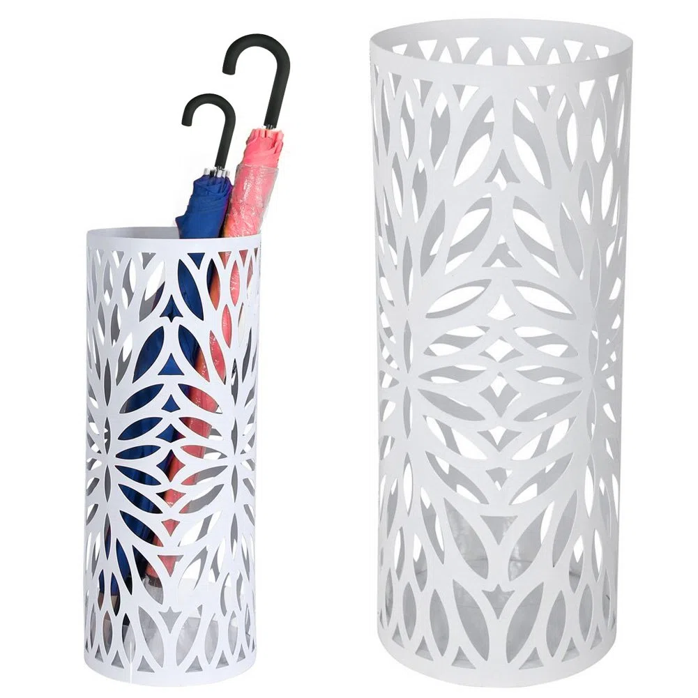 Bakaji Portaombrelli Stand in Ferro Design Colore Bianco Vaschetta Salvagoccia e Ganci Dimensioni 49 x 19,5 cm