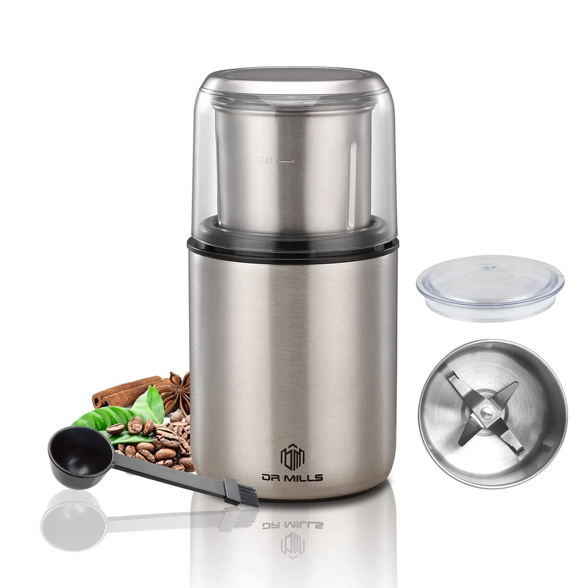 DR MILLS DM-7452A Macinino elettrico per spezie e caffè essiccati, macinacaffè e tritatutto, tazza staccabile, senza lavaggio, lama e tazza realizzati in acciaio inossidabile SUS304