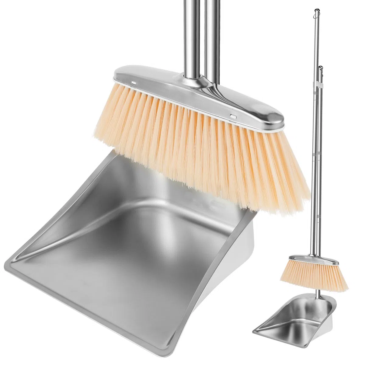 Set di scopa e paletta con manico lungo, 118 cm, in acciaio inox, con pala e scopa, regolabile, altamente efficiente, pulizia esterna, per la pulizia di casa, ufficio, veranda