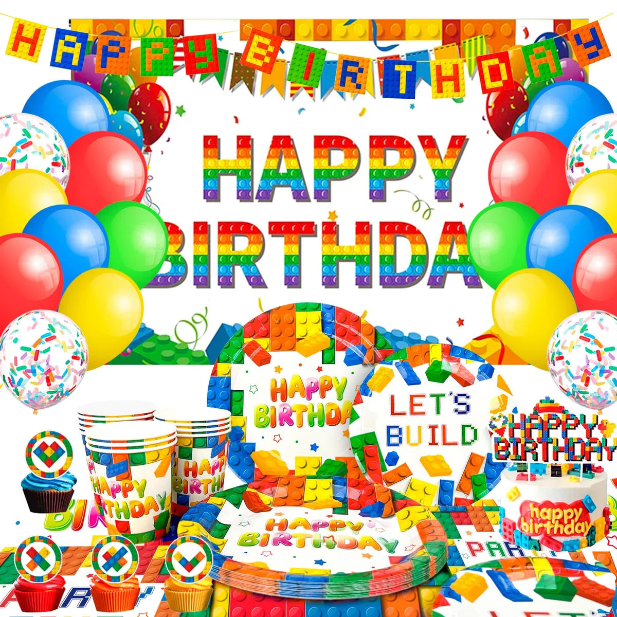 Blocchi di Costruzione Forniture per Feste, Building Block Decorazione Set - Banner di Compleanno Building Block Sfondo Tovaglia Piatti Tazze etc Forniture per Feste Building Blocks