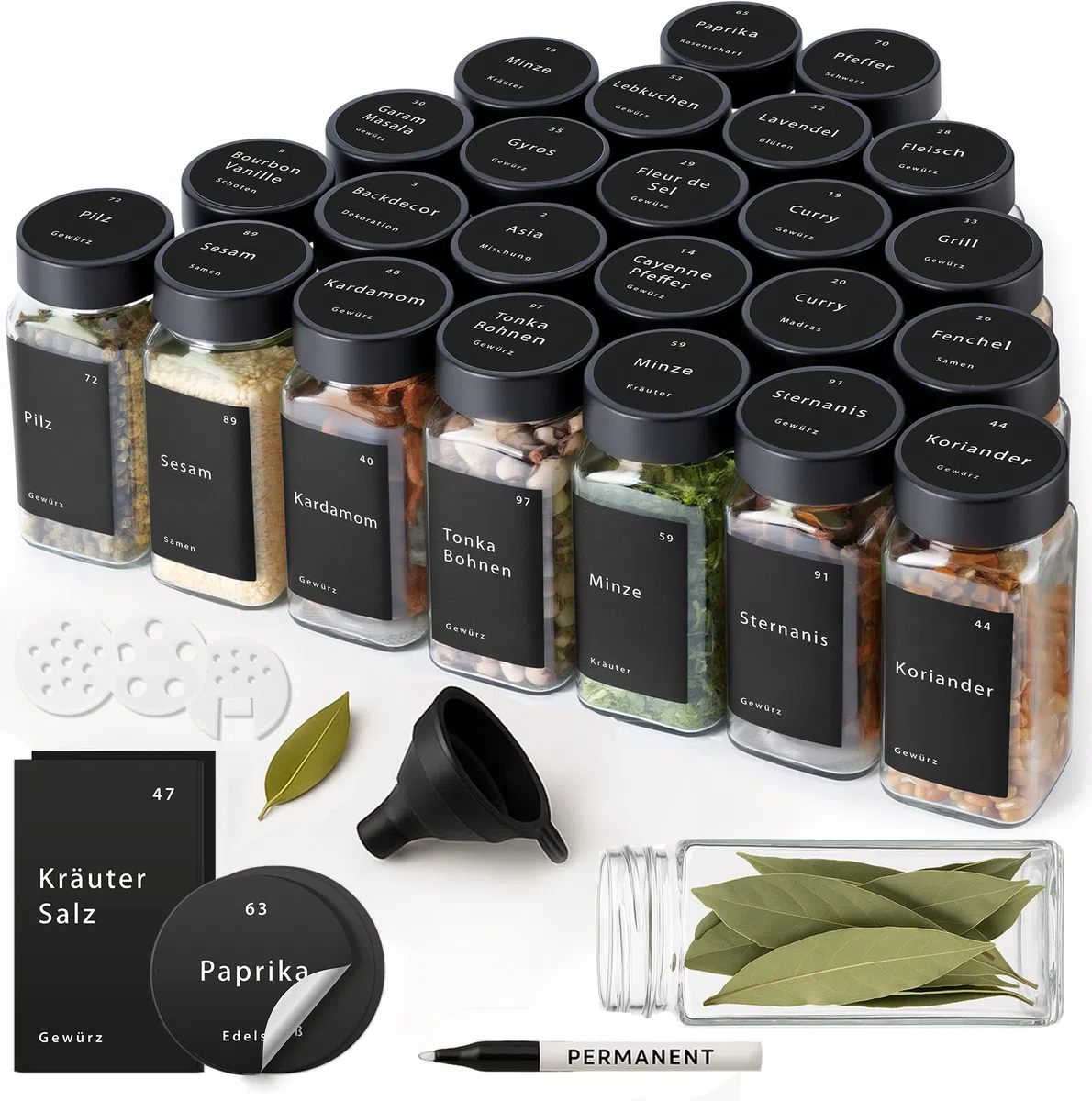 Set di 24 barattoli per spezie – Contenitore per spezie in vetro da 120 ml con coperchi in bambù, inserti per spargere, etichette, imbuto e spazzola, dispenser per spezie con accessori