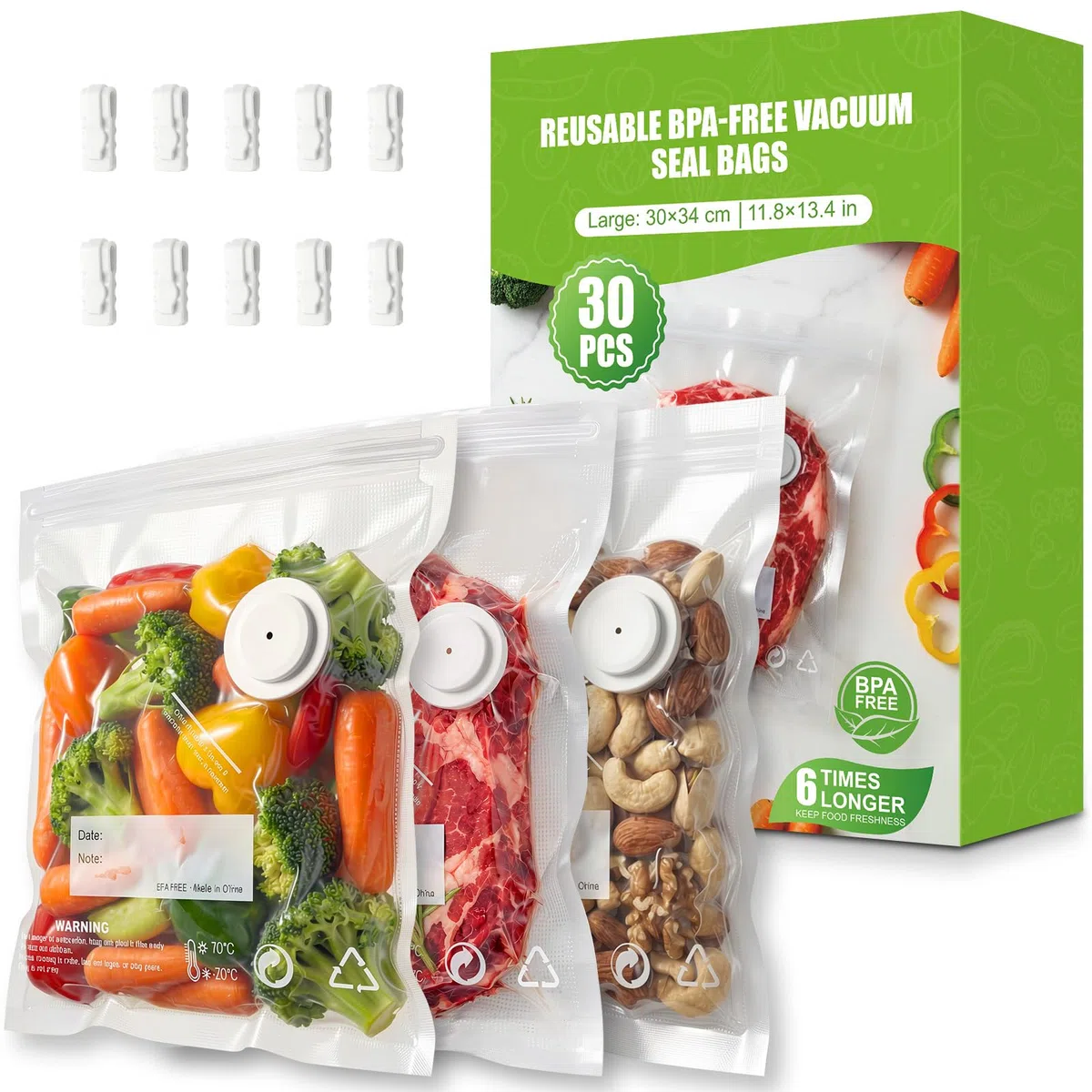Babacom 30 Pezzi Sacchetti Sottovuoto Alimenti Riutilizzabili con Valvola d'Aria e 10 Clip di Chiusura (L:30x34cm), Senza BPA, Buste Sottovuoto Alimenti per Congelatore/Cottura Sous Vide/Conservazione