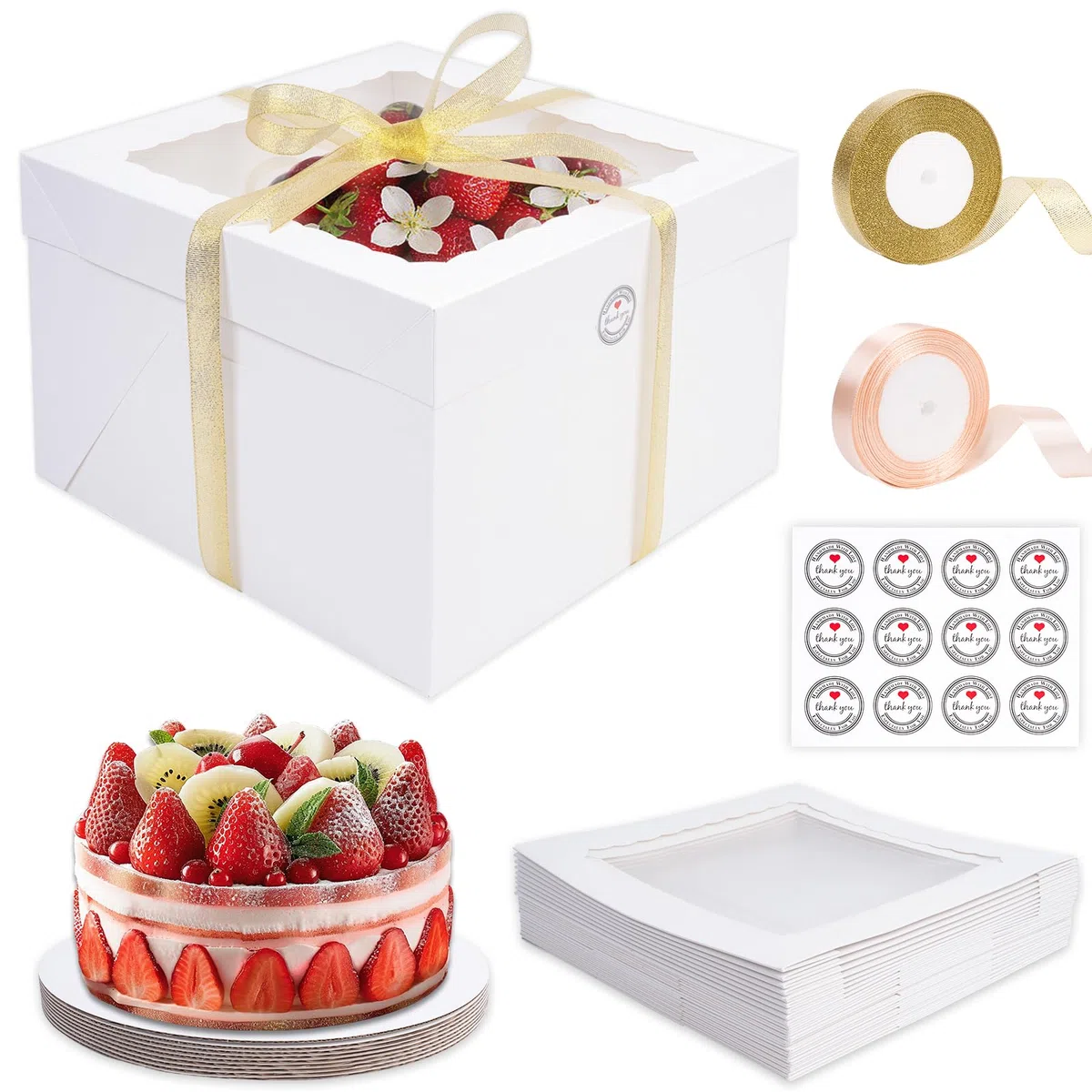 KOMABLEN Scatola per Torta 30,5x30,5x20,3cm, 10 Pezzi Bianche Scatole per Dolci in Cartone, Scatole per Torte con Finestra Vassoi, Porta Torta Cartone con Adesivi e Nastro per L'imballaggio Dessert