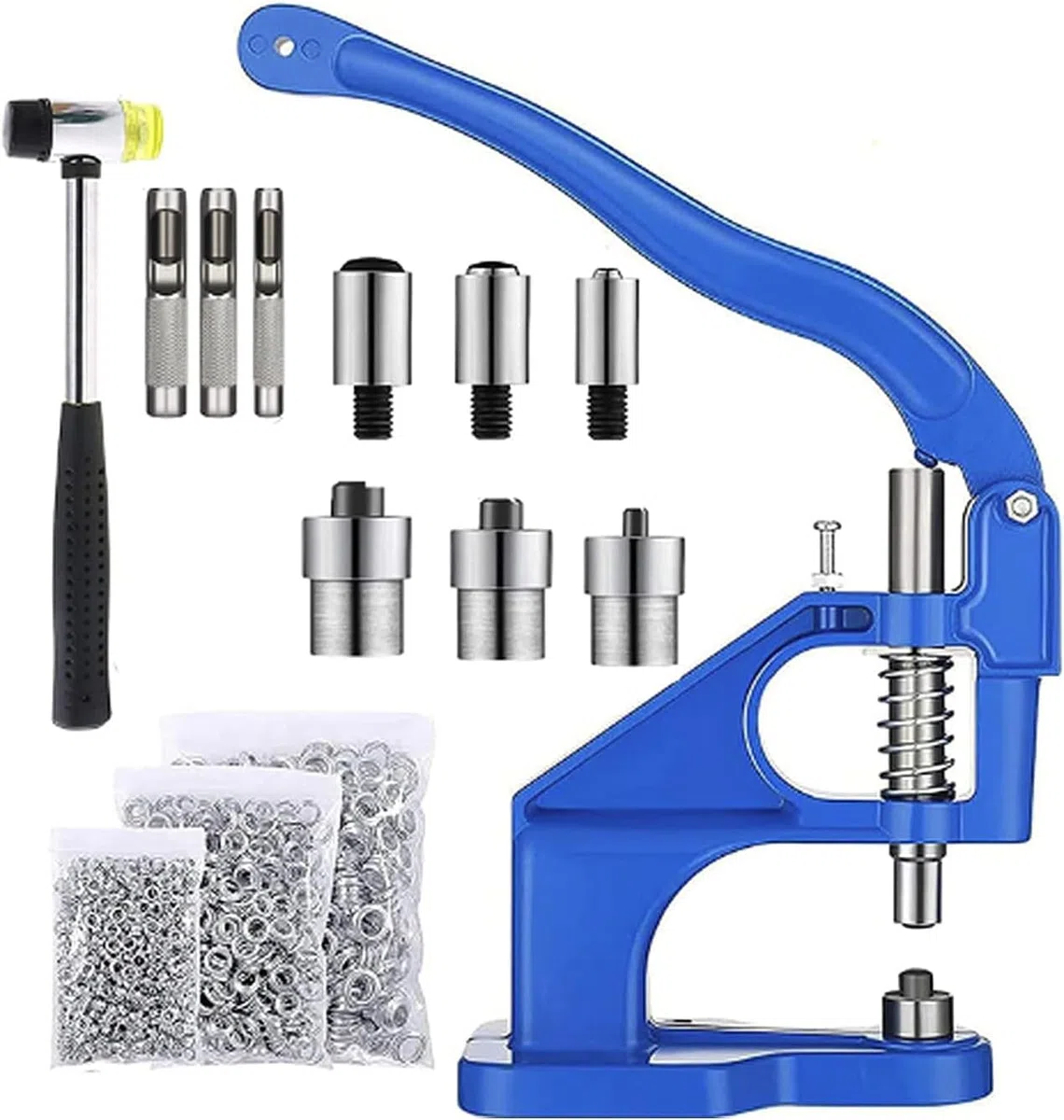 Topsky Set pressa manuale multifunzione con martello: 3 set di timbri e 1500 occhielli (6/10/12 mm) inclusi: perfetto per occhielli, bottoni a pressione e altro ancora: la soluzione di strumenti