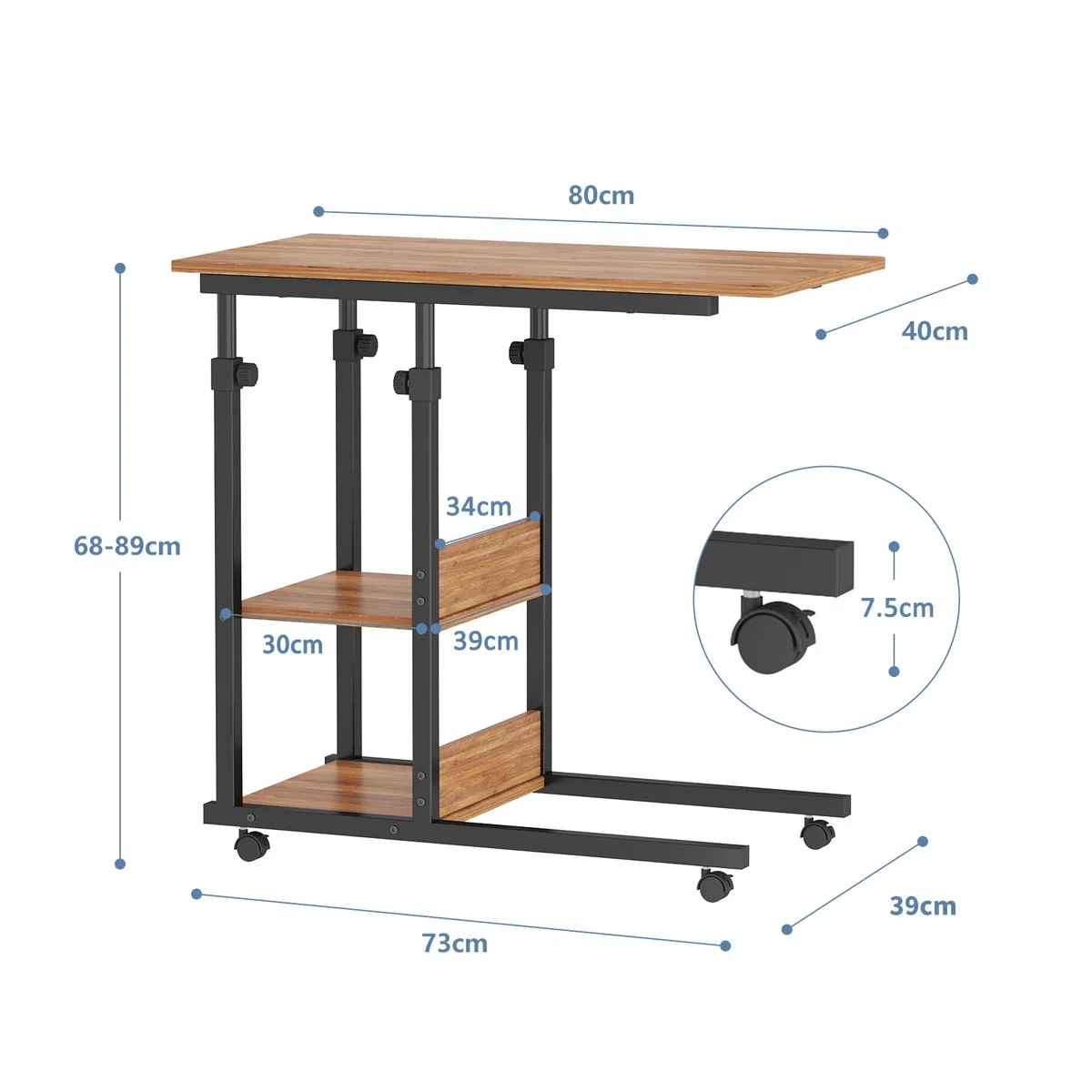 Dripex Scrivania per Computer con Ruote Tavolino 80x40x89 cm Altezza Regolabile Tavolo PC Salvaspazio Mobile per Laptop con Ripiani per comodino, tavolino da caffè, camera da letto (Marrone Scuro)