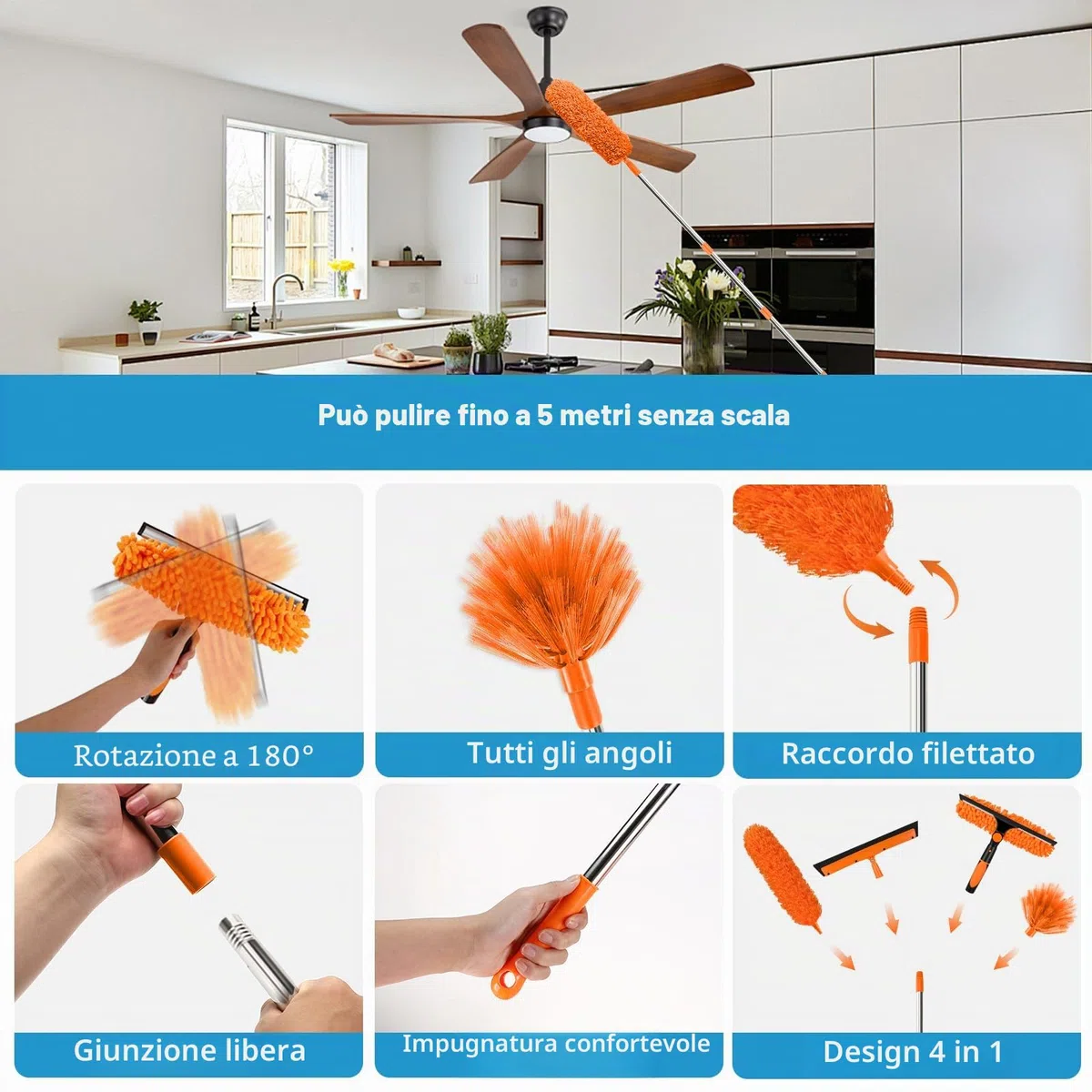 Zikenis Feather Duster Cleaning Set per Spolverini con Asta Fissa, Spolverino in Microfibra Lavabile e Riutilizzabile per Divani, Soffitti, Ragnatele, Vetri, Ventilatori da Soffitto