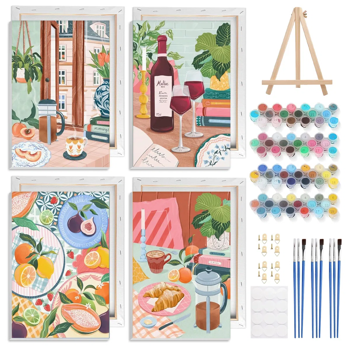 NAIMOER 4 Pezzi Cibo Dipingere con i Numeri Adulti Bambini con Cornice Detentore, Caffè Tè Paint by Numbers Kit Dipingere con i Numeri Pigmento Acrilico Decorazione Regalo 20x30cm