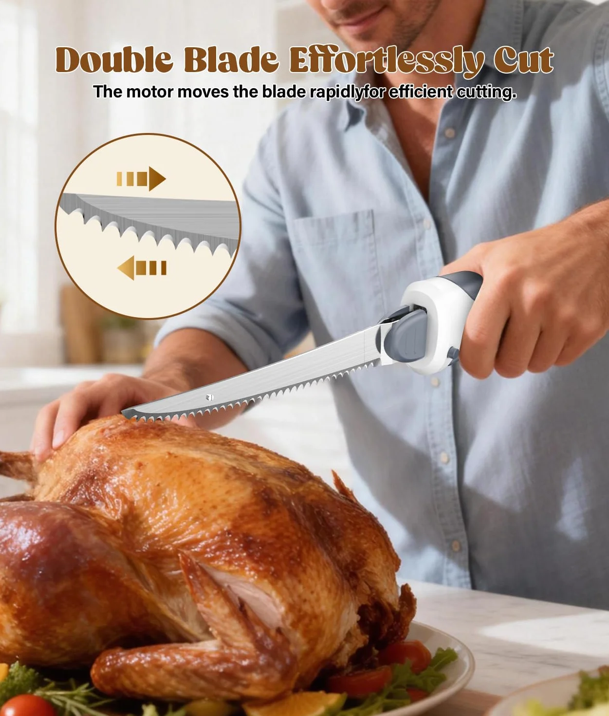 PAHTTO Coltello Elettrico Senza Fili con 2 Lame in Acciaio Inossidabile e Forchetta, 8V con Blocco di Sicurezza, per Carne, Pesce, Pane, Formaggio