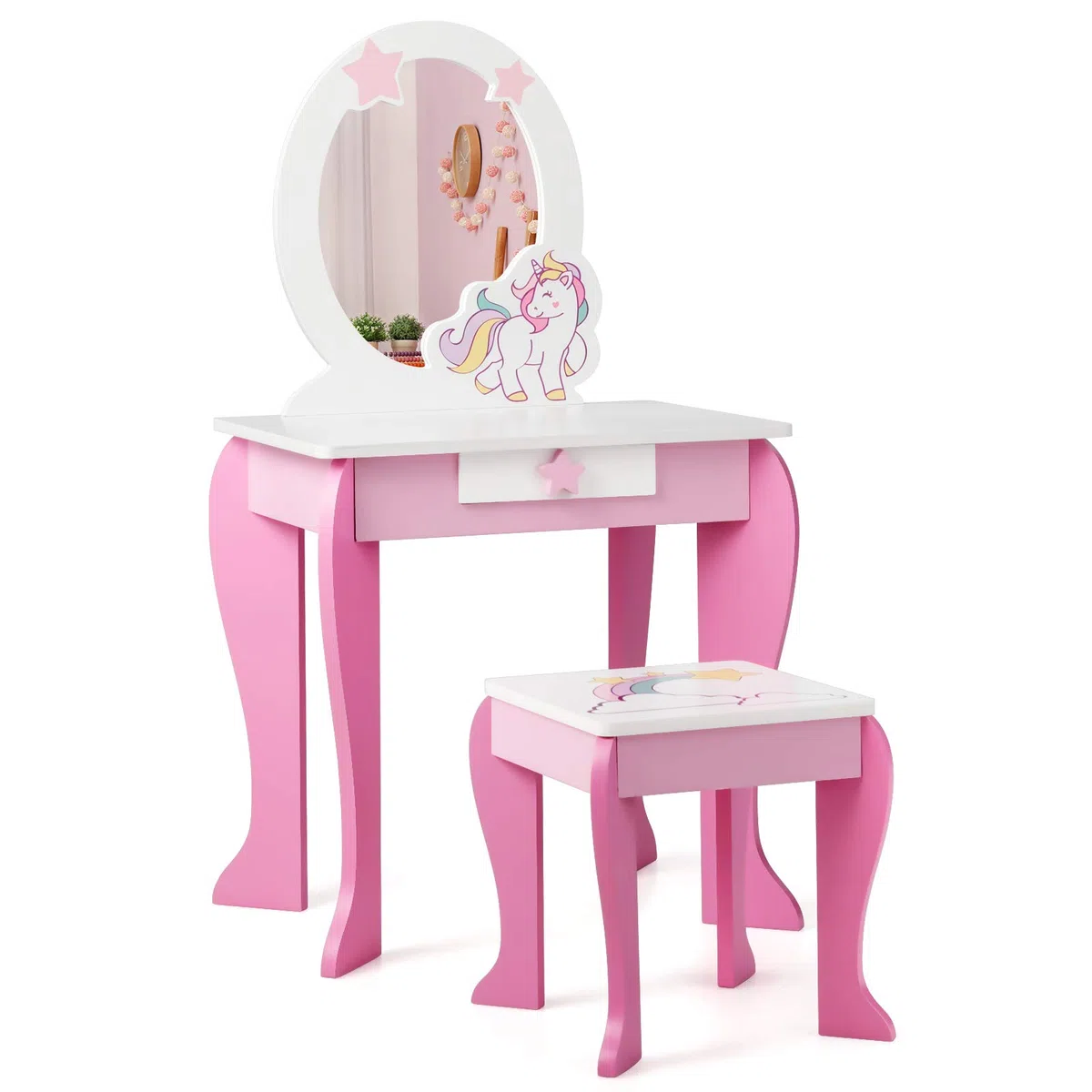 GIANTEX Set di Specchiera e Sgabello per Bambini, Tavolo da Trucco Giocattolo in Legno con Cassetto, Ideale Regalo per Ragazze di 3-7 Anni, con Portata di 15kg, 49x35,5x89cm (Rosa)