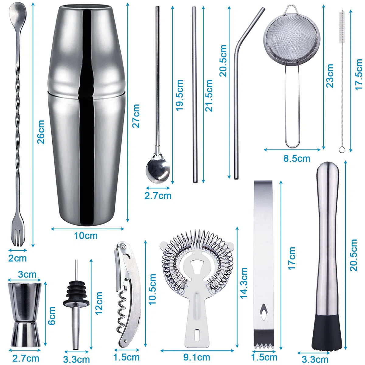 Purpledi Cocktail Shaker Set di 20 Pezzi, Shaker Cocktail Set in Acciao Inox, Kit Barista Professionale, Shaker da 750 ml, Amanti dei Cocktail, Set da Barista per Feste da Bar a Casa (A)