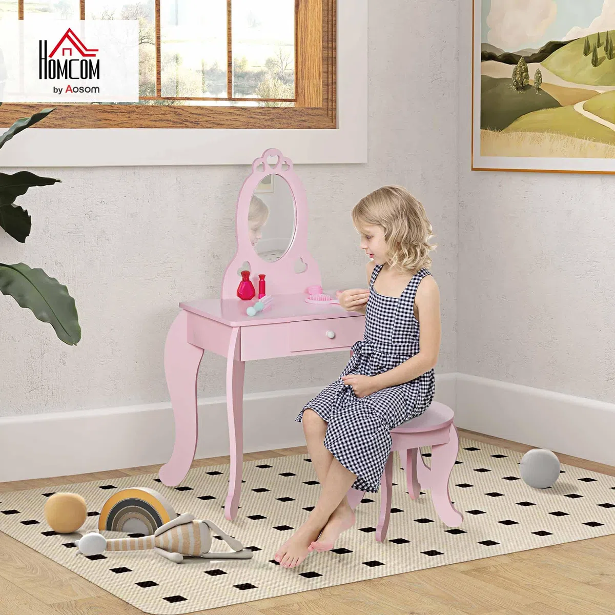 HOMCOM Toeletta Trucco Bambina con Sgabello in Legno, Postazione Trucco Bambina, Tavolo Trucco per Bambini 3-6 Anni con Specchio e Cassetto, Rosa