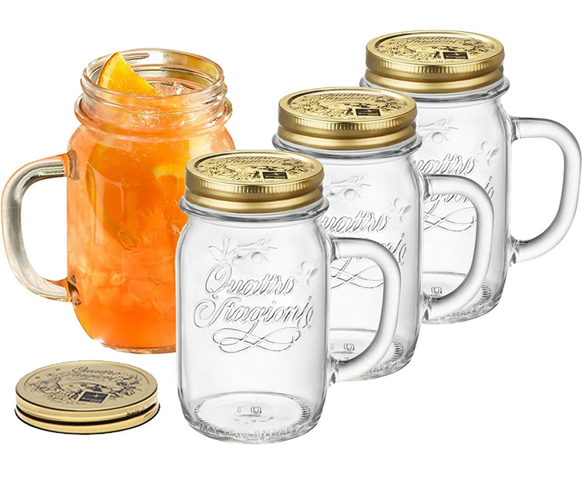 Bormioli Rocco Set 4 Barattoli Cocktail 400 ml con Manico e Coperchio Oro - Bicchieri in Vetro per Drink, Birra, Tè Freddo - Lavabili in Lavastoviglie - Made in Italy
