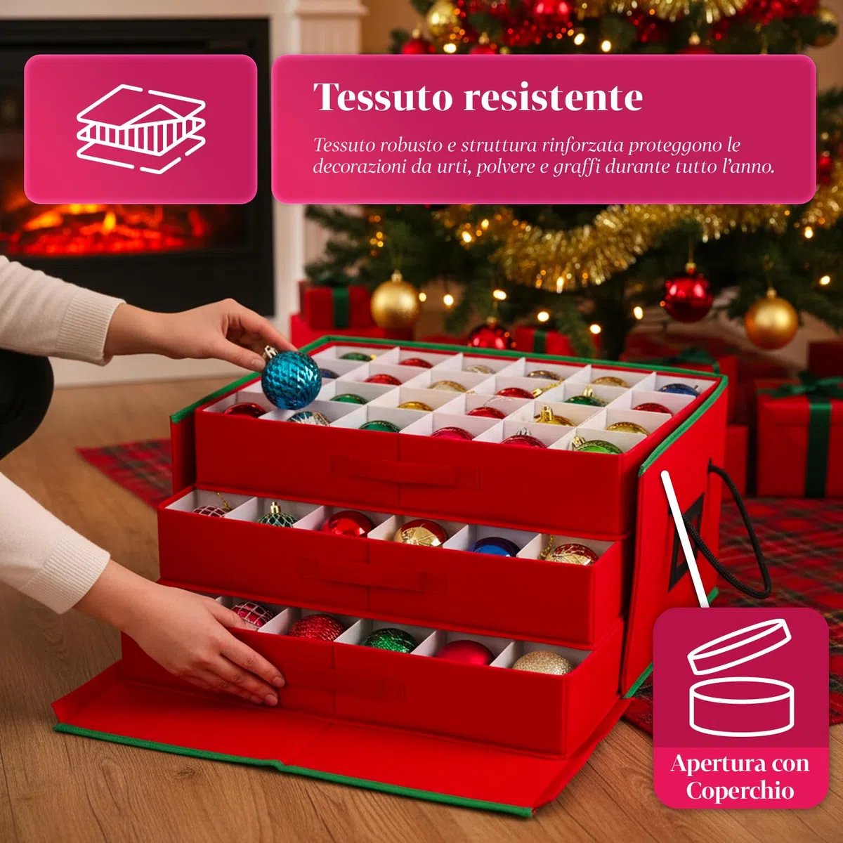 Wintem – Scatola Porta Addobbi di Natale con 3 Cassetti Estraibili per 72 Palline di Natale, Struttura Rigida in TNT 51x35x24 cm, Zip Robusta e Etichetta Trasparente per Conservazione Ordinata