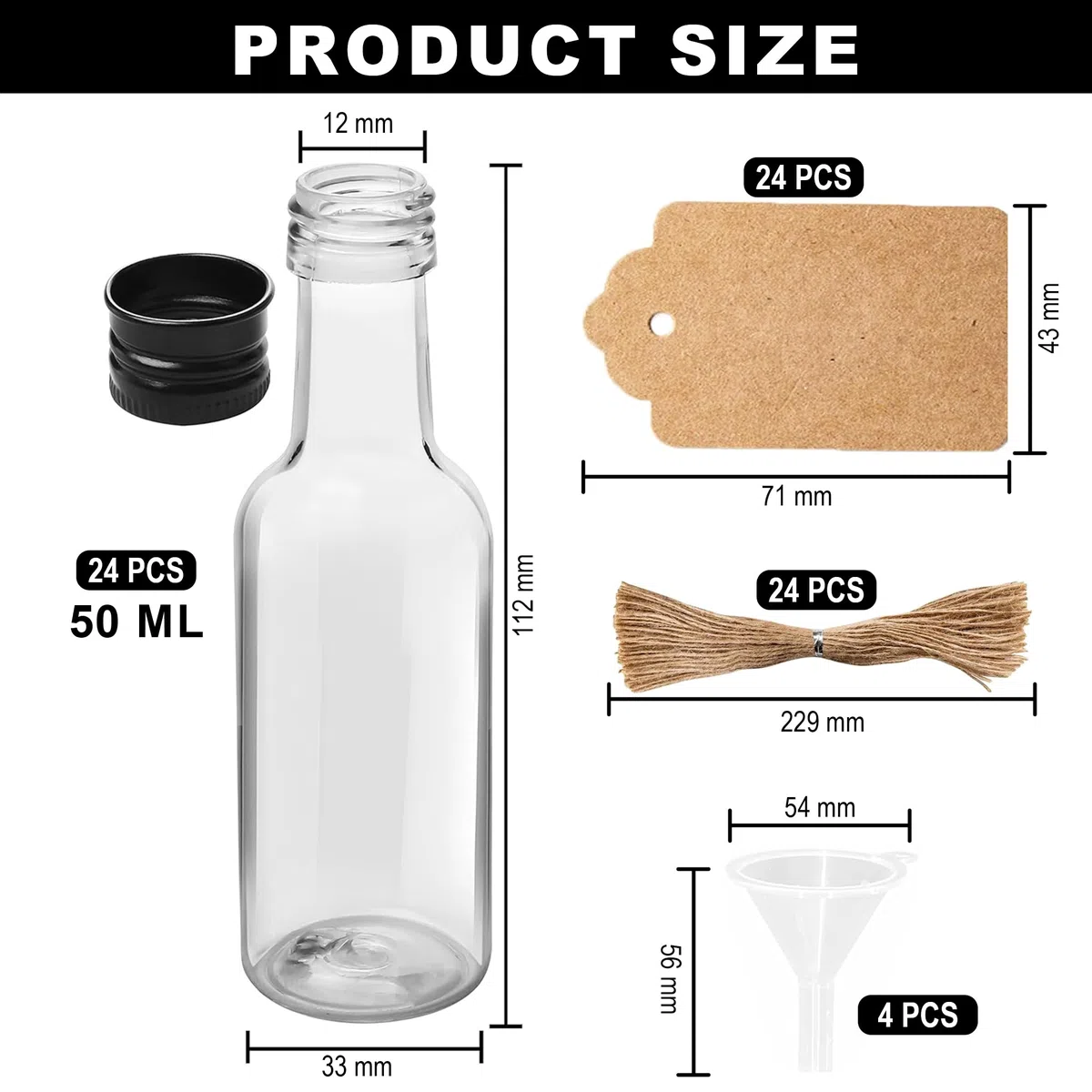24 Pezzi Piccole Bottiglie da 50ml per riempire, Mini Bottiglie di plastica con Coperchio e Imbuto, Bottiglie riutilizzabili per Matrimoni e Feste