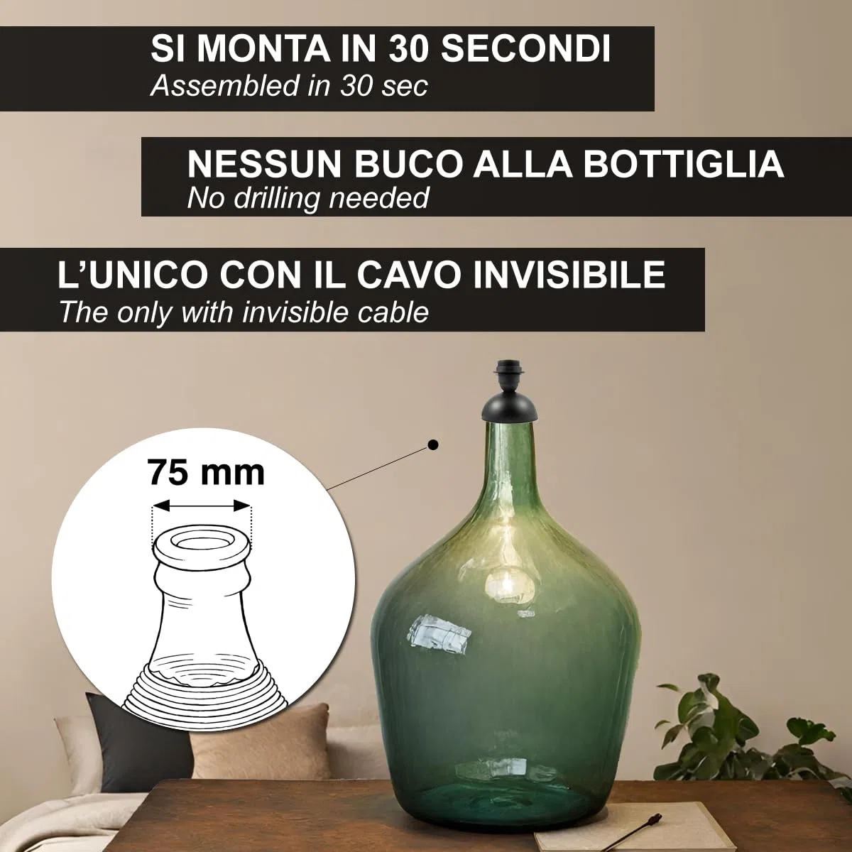 Demijohn (Diametro tappo 75mm) | Trasforma damigiane e bottiglioni in lampade in 30 secondi. Adatto principalmente a damigiane da 54 lt.