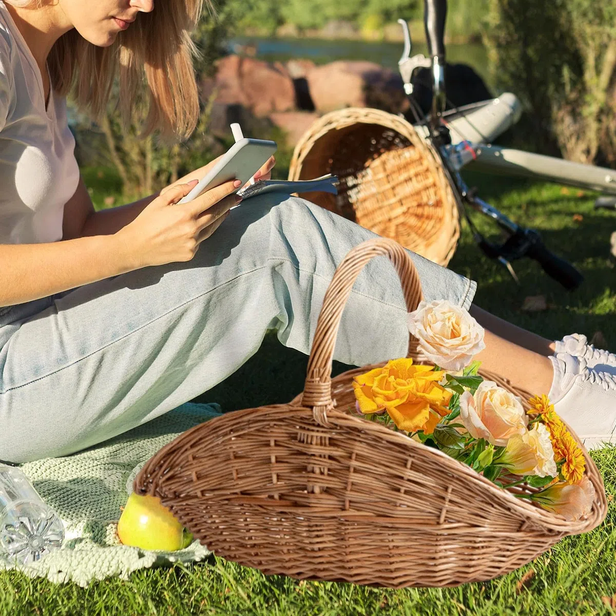Baoblaze Cestino in Vimini Intrecciato con Manico, Portatile, Multiuso, per Composizioni Floreali, per Viaggi, S