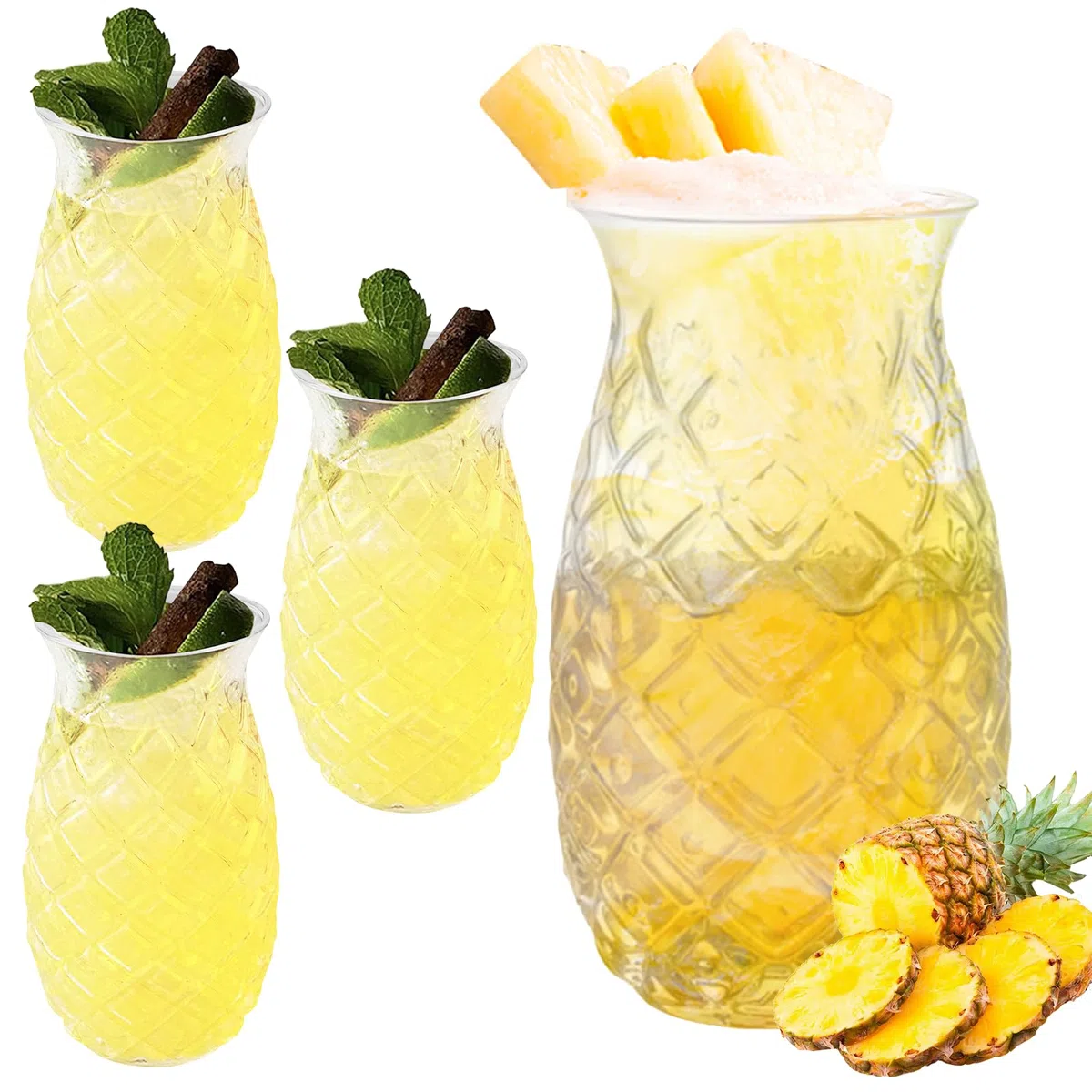 Set di 4 bicchieri di ananas: 400 ml, trasparenti da cocktail con rilievo di ananas, riutilizzabili, per feste, succhi di frutta, long drink, trasparenti in estate, perfetti per casa,