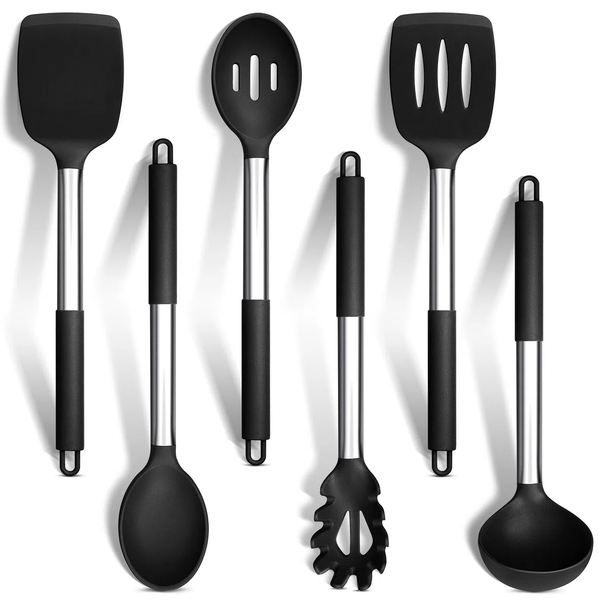 HaWare Set di utensili da cucina, 6 pezzi in silicone nero, resistenti al calore, con manico in acciaio inossidabile per utensili da cucina antiaderenti, gli strumenti da cucina includono mestolo
