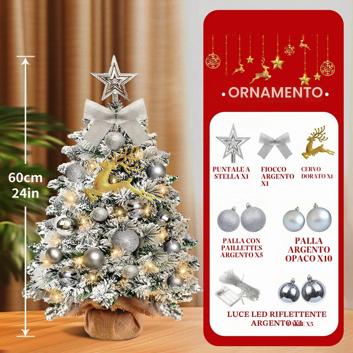 Mini Albero di Natale Artificiale Piccolo,60 cm Albero di Natale Piccolo con Luci con 23 Decorazioni Natalizie Fai da Te,Albero di Natale con Adatto per Natale e Capodanno﻿ (floccaggio)